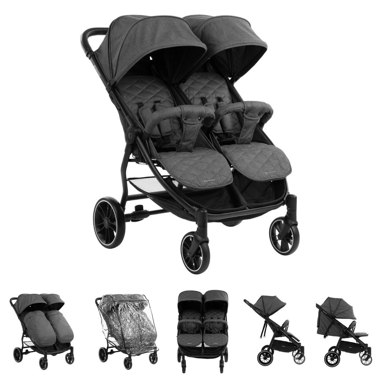 Kikkaboo Geschwisterwagen Zwillingskinderwagen Happy 2, faltbar, Regenschutz, Fußsack, gefedert