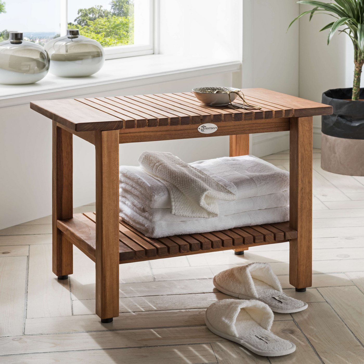 Thumbnail - Destiny Saunabank SPA & LIVING Beistelltisch, Saunabank geriffelt mit Ablagefach 61x35x44cm, Teak