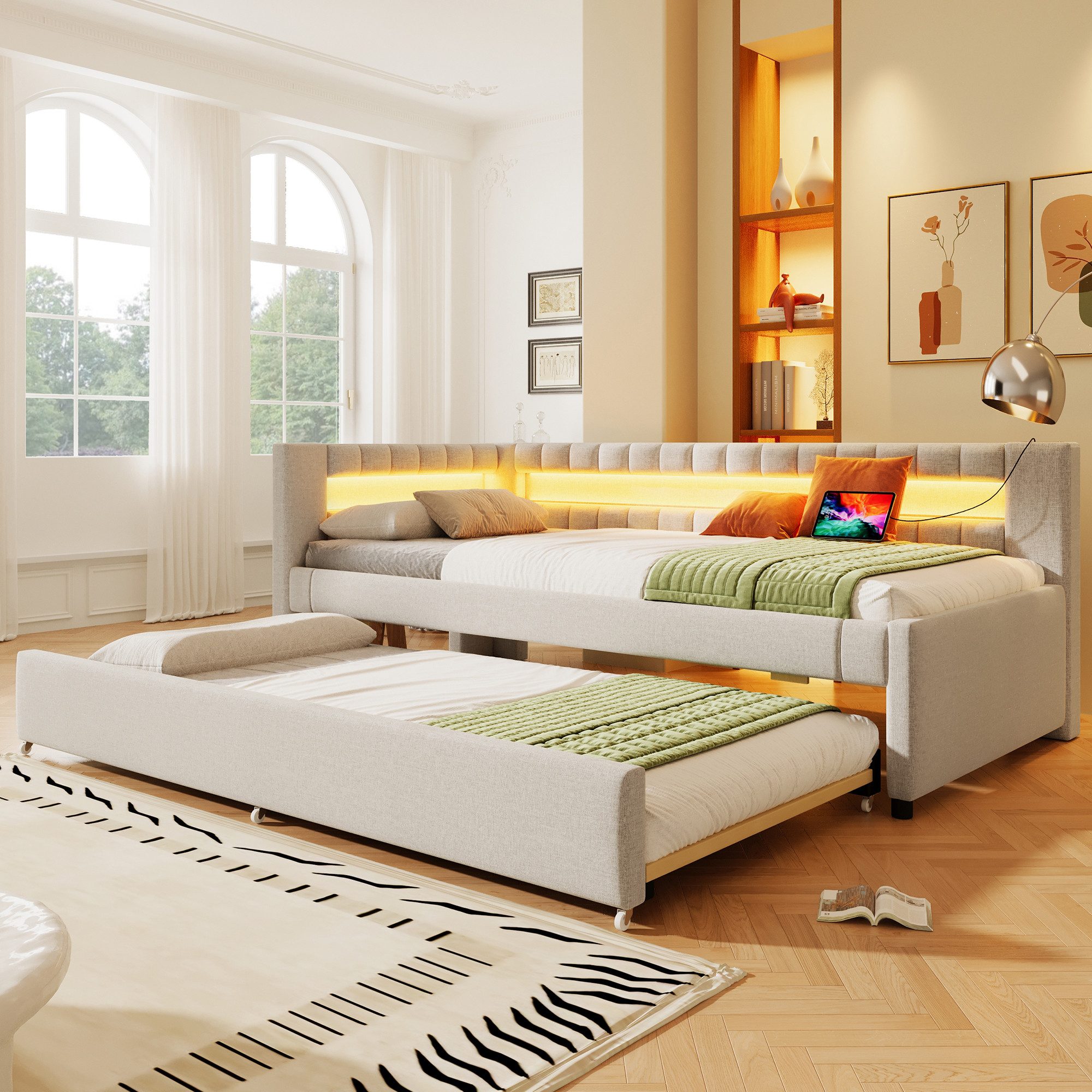 Merax Daybett mit Ausziehbett 90x190cm (Kinderbett Jugendbett, 1 tlg), Polsterbett 90x200cm Tagesbett Schlafsofa mit LED und USB, Leinen