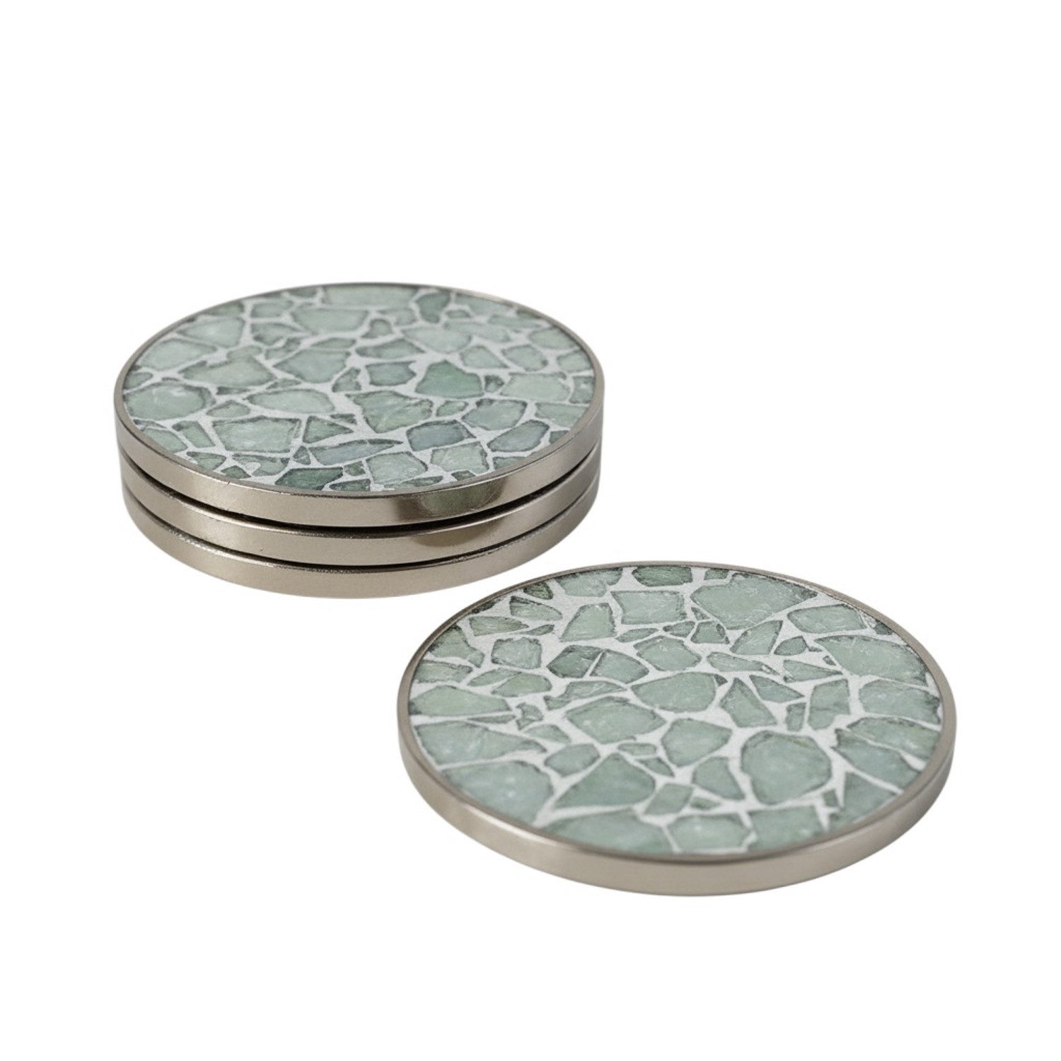 Macosa Home Getränkeuntersetzer Untersetzer 4 Stück rund Metall Holz 10 cm Blau Grau od. Grün, Untersetzerset Mosaik Optik, Glasuntersetzer Tischuntersetzer Getränke