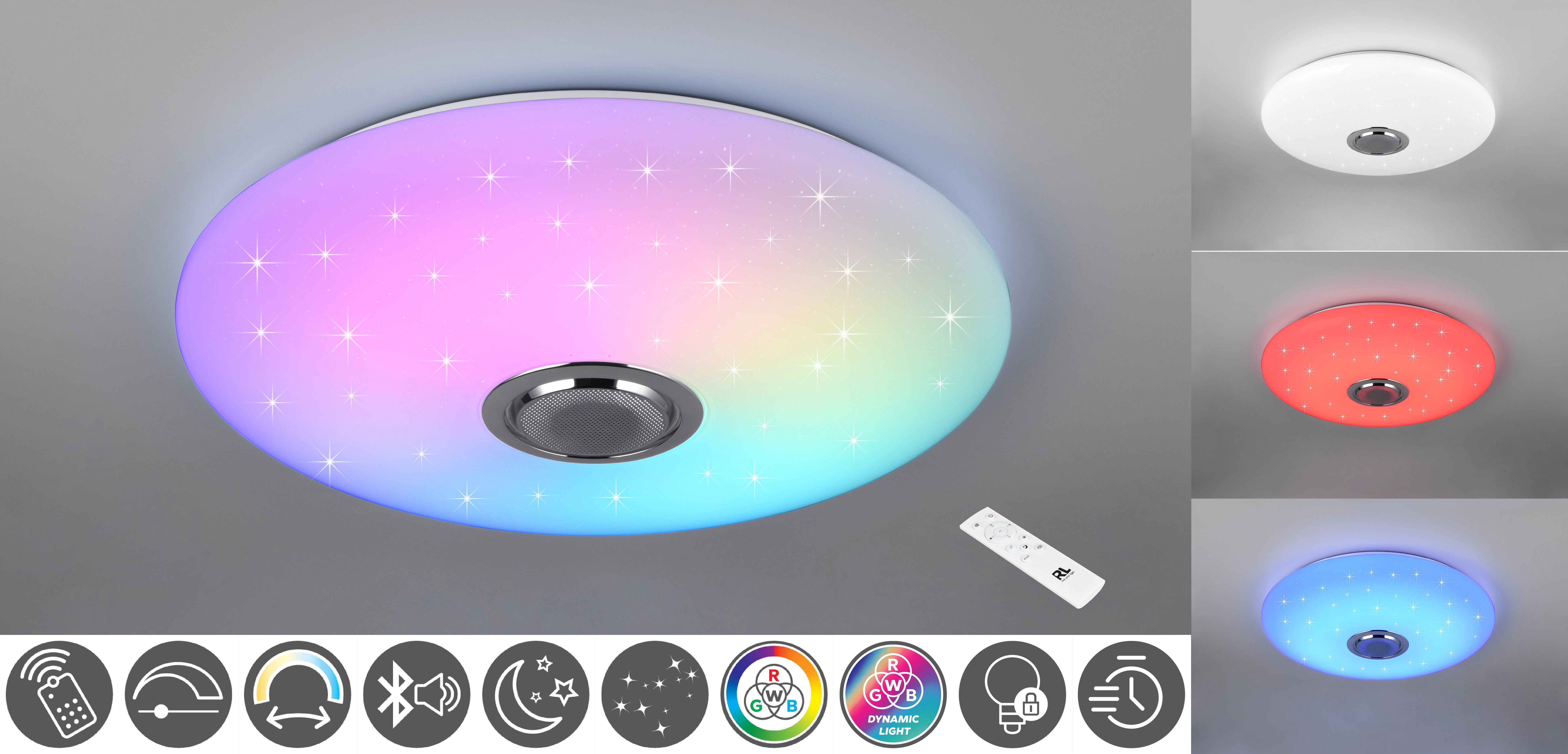 Reality Leuchten LED Deckenleuchte MUSICA, LED Deckenlampe mit Bluetooth Lautsprecher, Fernbedienung inkl, Bluetooth-Lautsprecher, LED fest integriert, warmweiß - kaltweiß, RGBW Farbwechsel mit Rainbow-Effekt, dimmbar, Timer, Starlight, Memory