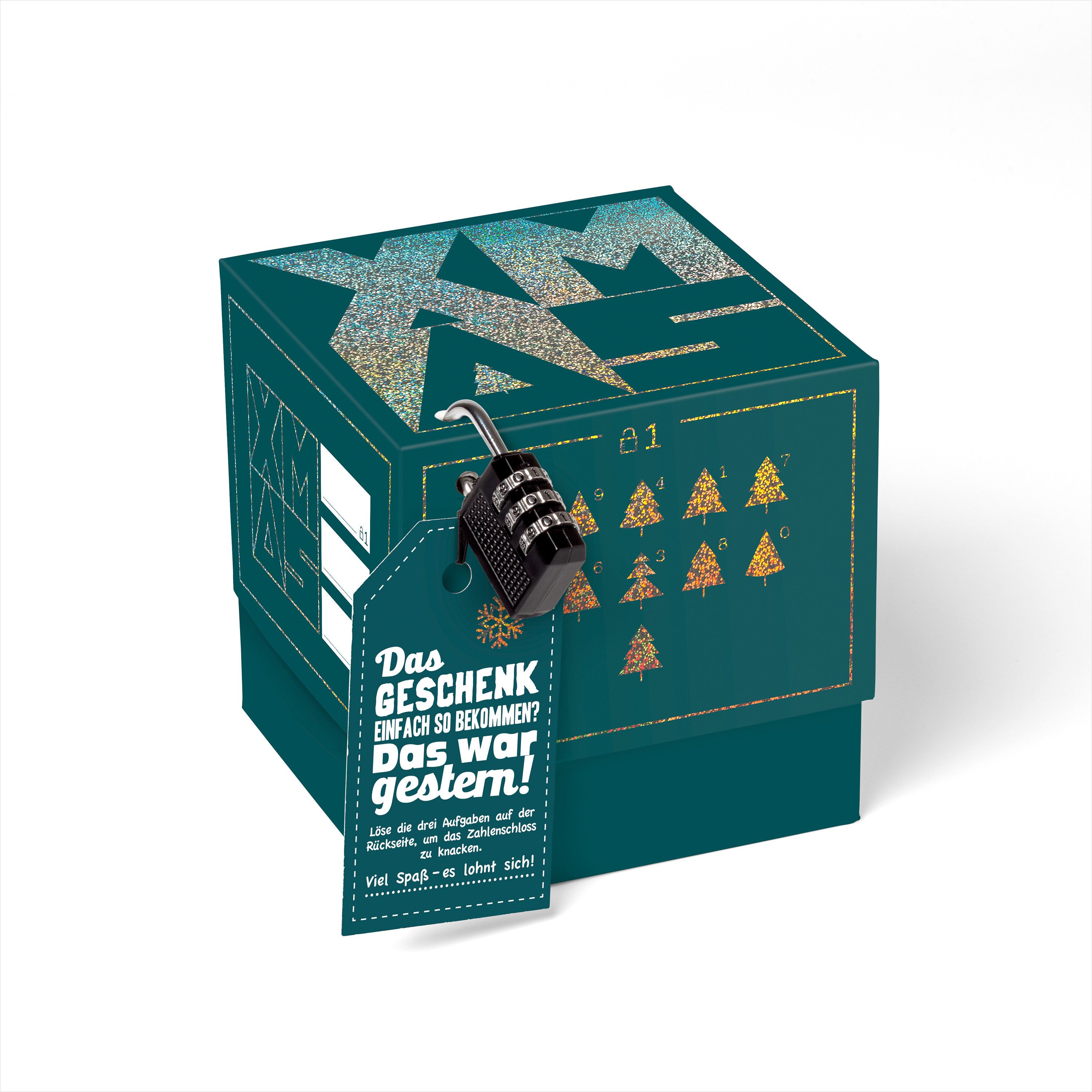 SURPRISA Geschenkbox Geschenkbox Weihnachten, Rätselbox Geldgeschenke oder Gutscheine, Xmas, 12,5 x 12,5 x 12,5 cm, Glitzer Blau