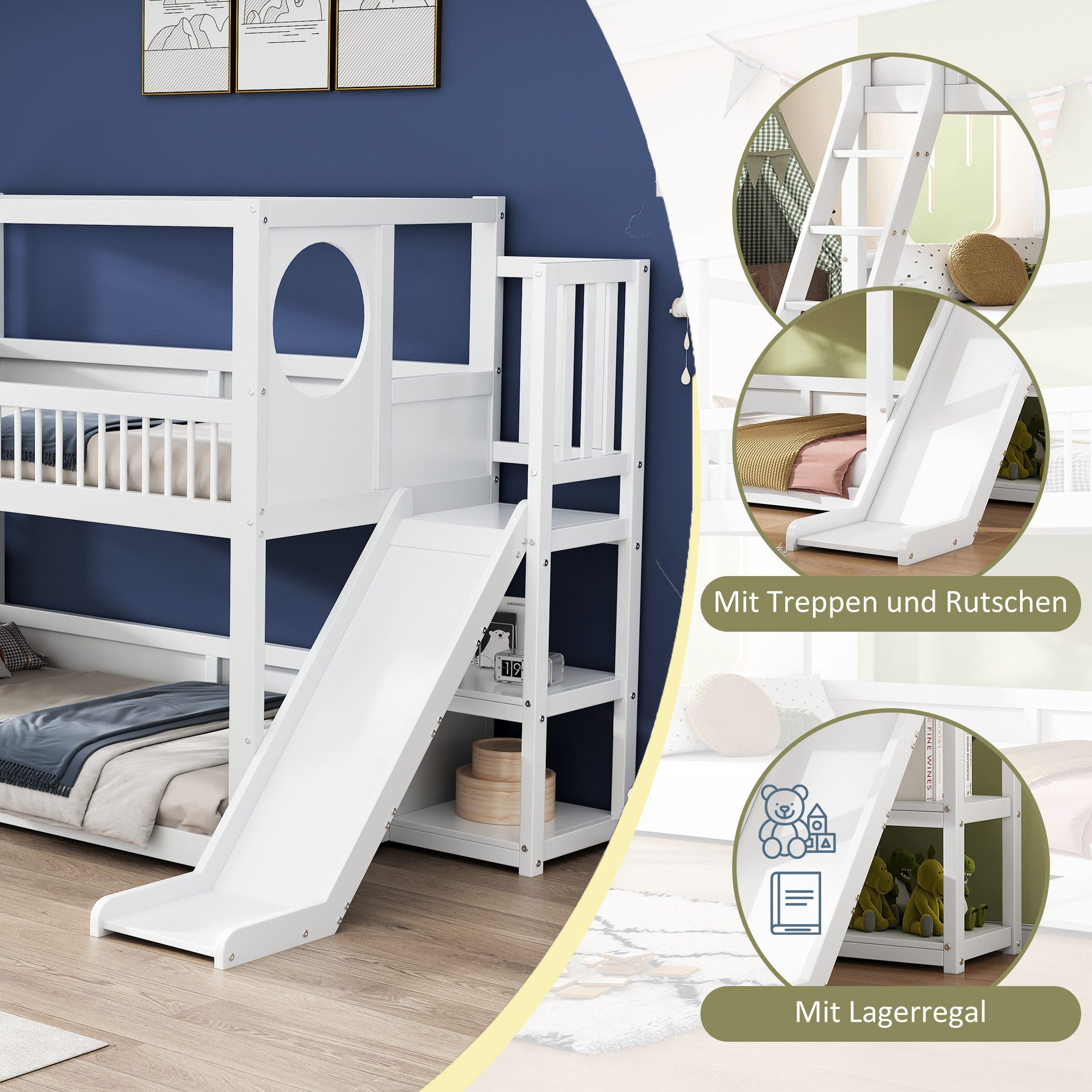 Flieks Etagenbett, Massivholz Kinderbett Hausbett mit Rutsche und Leiter 90x200cm