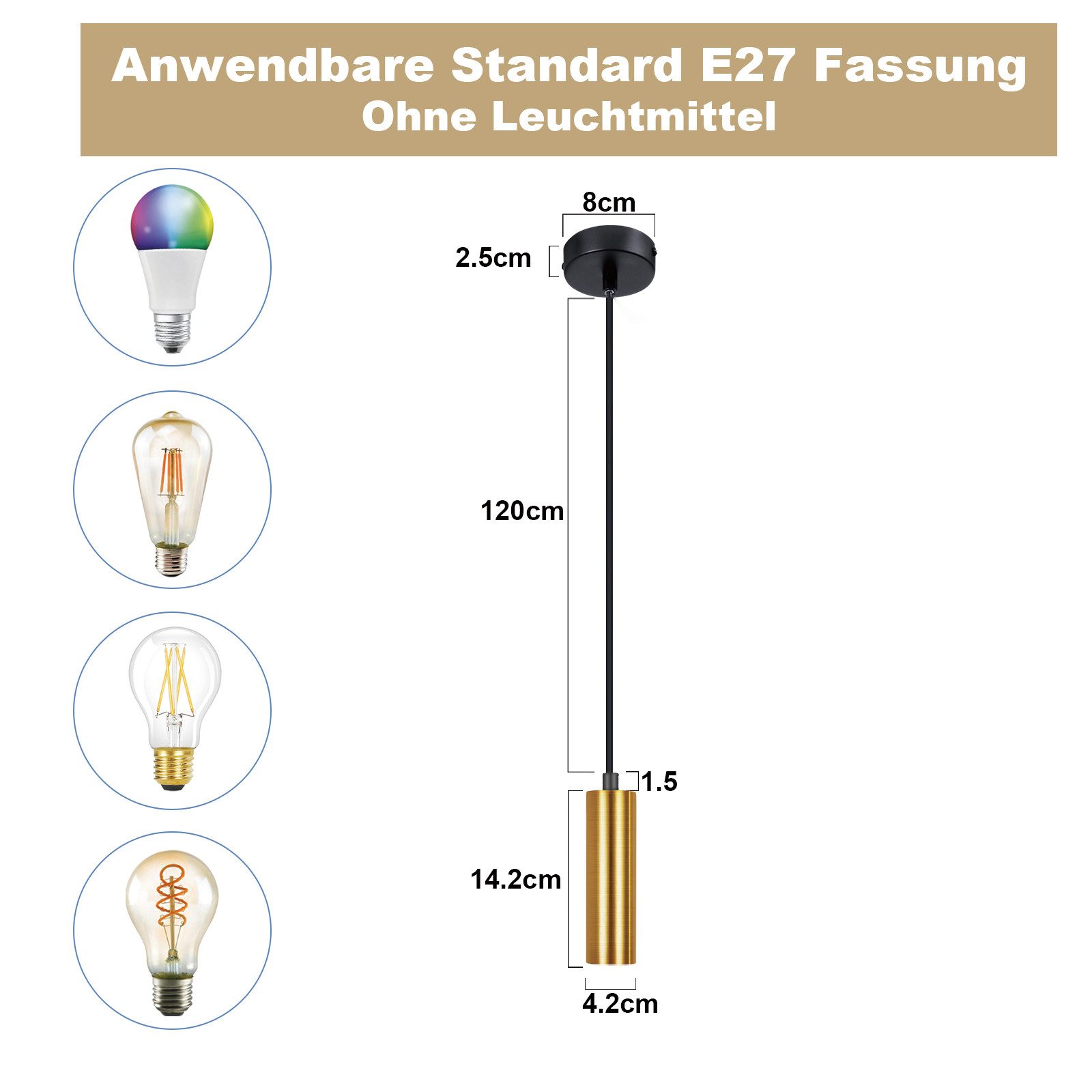 ZMH Pendelleuchte Esszimmer 1 Flammig E27 Gold Hängeleuchte Metall für Schlafzimmer, ohne Leuchtmittel, Küchenlampe Hängend Industrial Flur – Bild 3 von 5