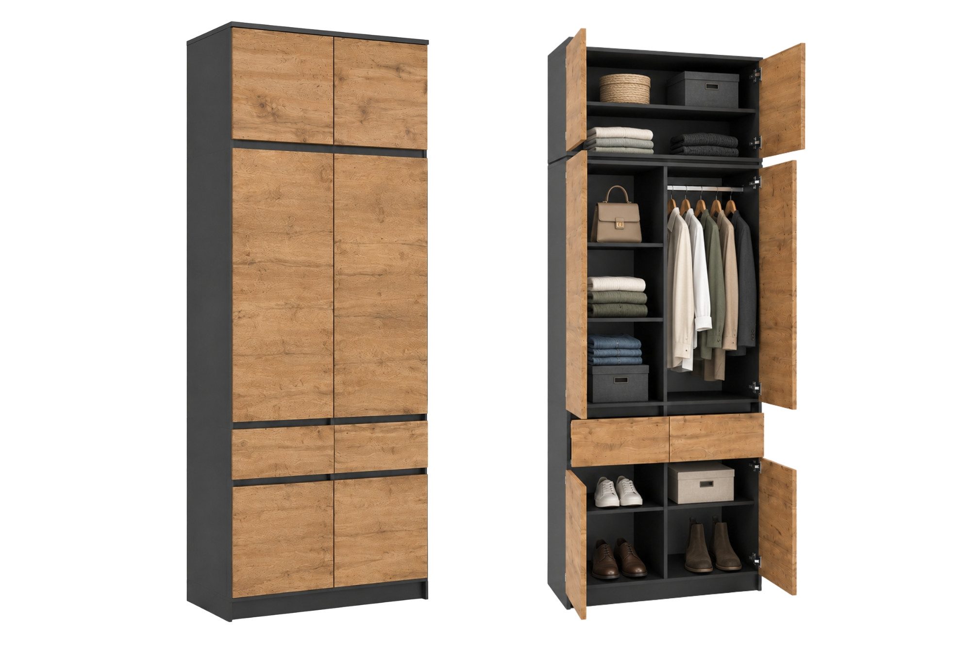 Home Collective Kleiderschrank Schrank Schlafzimmer Garderobenschrank Mehrzweckschrank Hochschrank (100 cm breit, mit 2 Schubladen, Kleiderstange & Einlegeböden) Wäscheschrank, vielseitig, grifflose Front mit Aufsatz Anthrazit-Eiche
