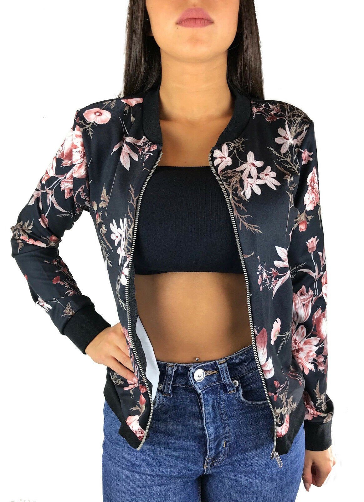 Worldclassca Blouson Worldclassca Damen Mädchen Blouson Bomberjacke Blumenprint Sommer Blumen Blüten Flower Muster Blogger Bomber Jacke Übergangsjacke kurz mit Reißverschluss Zip Neu