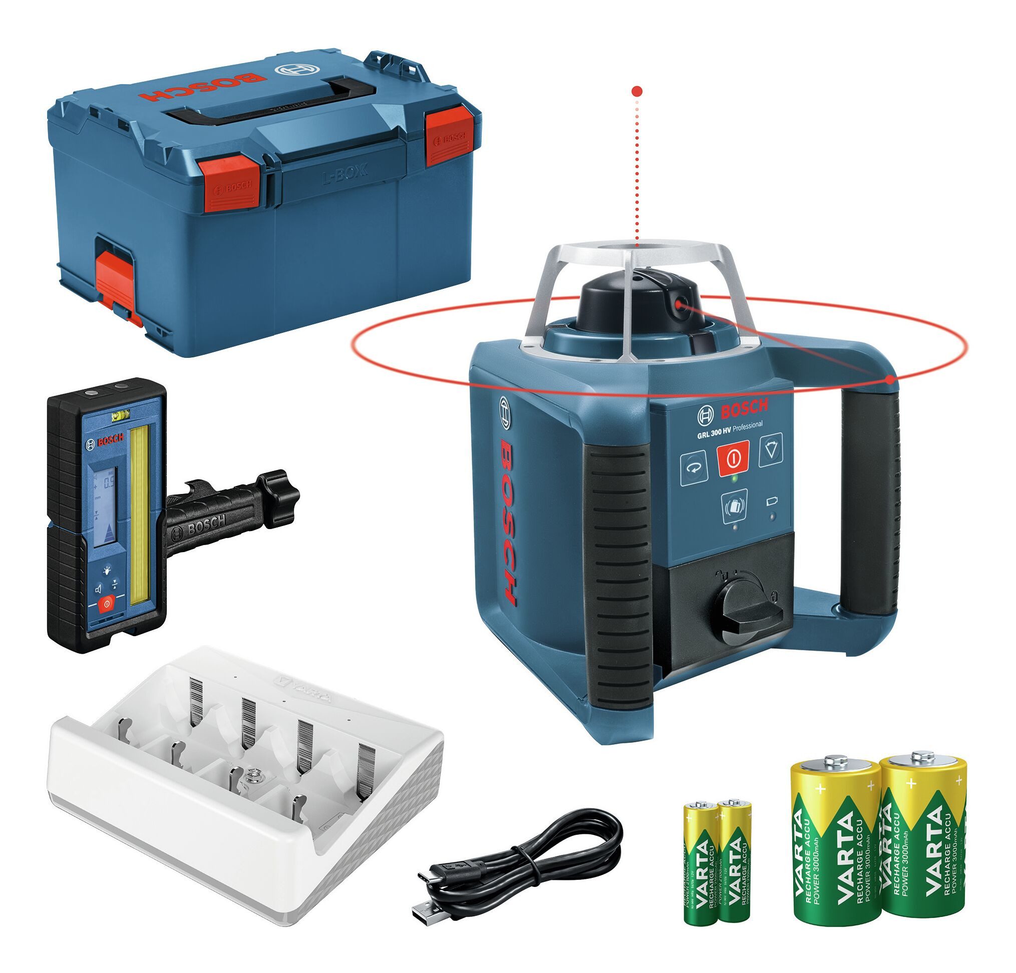 BOSCH Punkt- und Linienlaser GRL 300 HV, Mit 4x Varta-Akku & Laser-Empfänger LR 45 - in L-BOXX 238