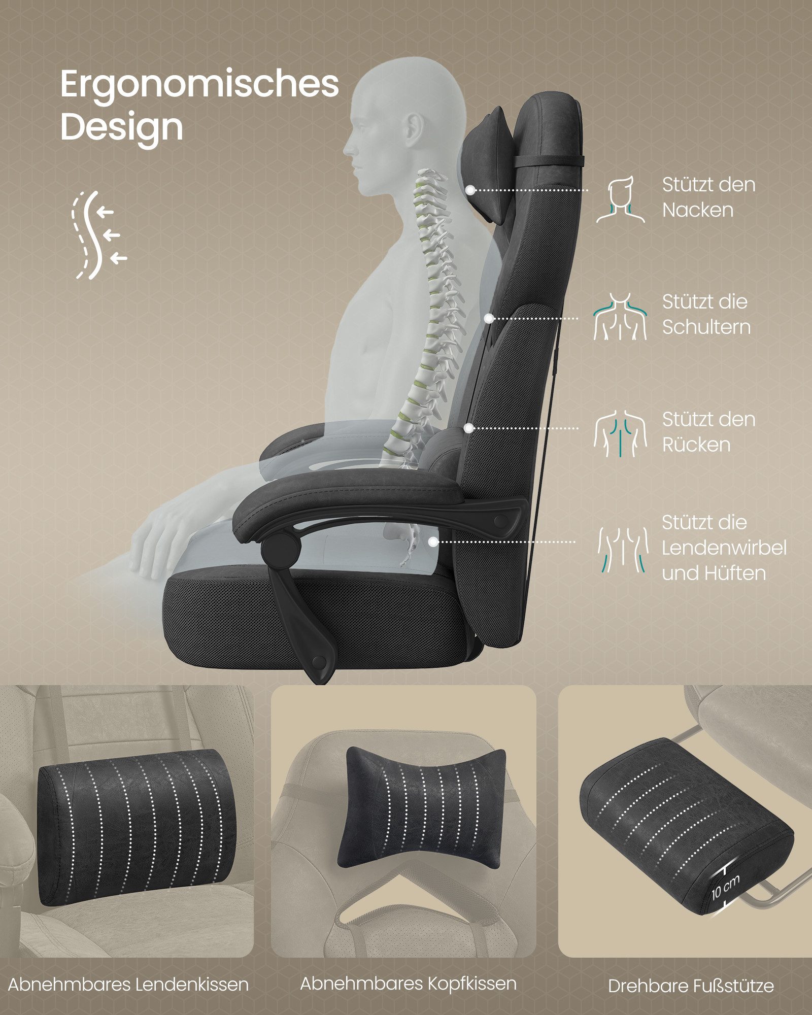 SONGMICS Bürostuhl Gaming-Stuhl, Computerstuhl ergonomischer, bis 150 kg belastbar, mit ausziehbarer Fußstütze, verstellbarem Kopfkissen und Lendenkissen – Bild 5 von 5