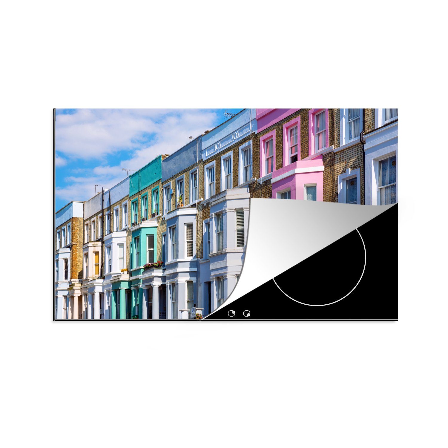MuchoWow Herdblende-/Abdeckplatte Farbenfrohe Häuser in Notting Hill London, Vinyl, (1 tlg), 81x52 cm, Induktionskochfeld Schutz für die küche, Ceranfeldabdeckung
