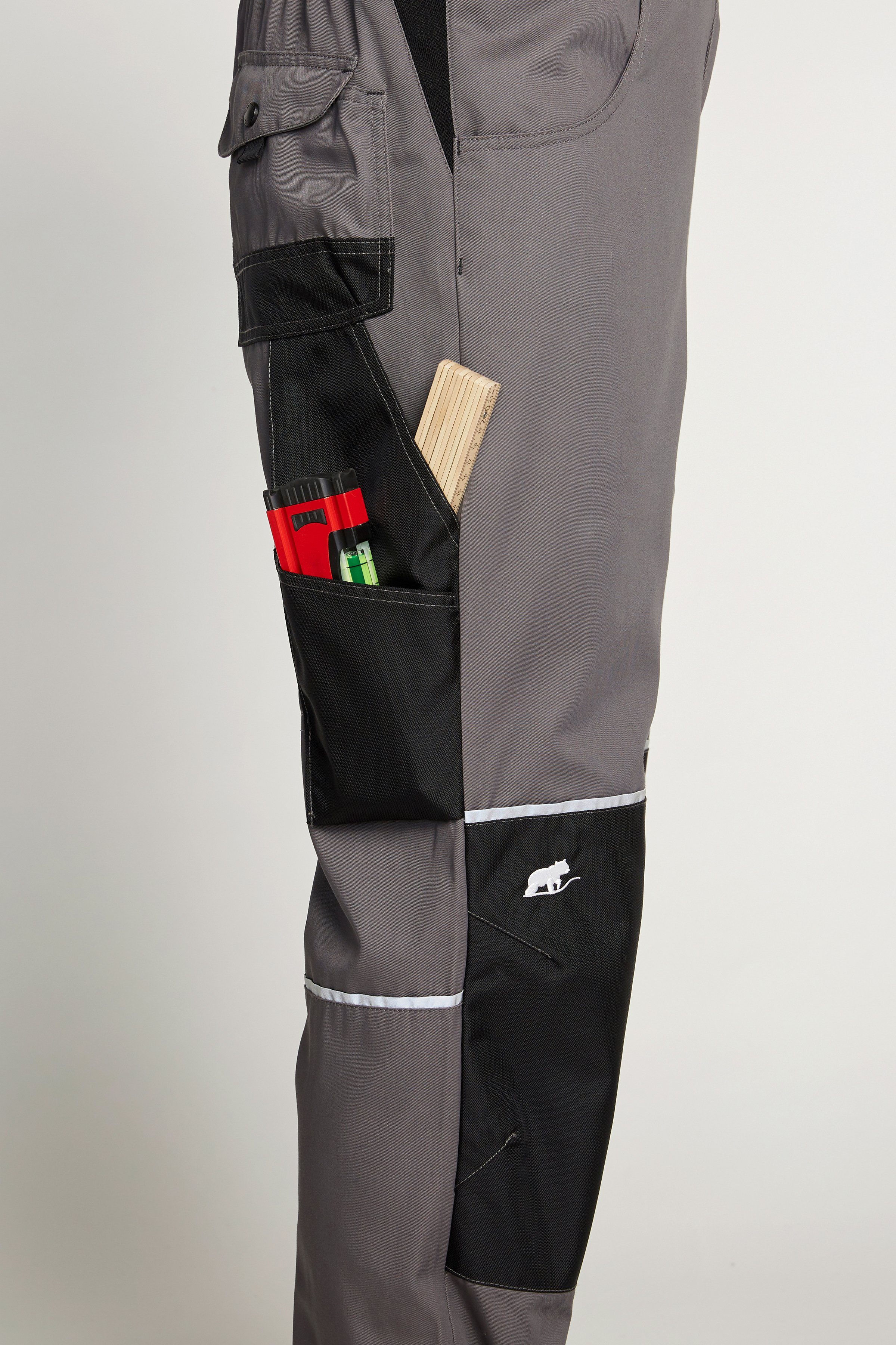 Northern Country Latzhose (langlebig 11 Innenbeinnaht und Cordura® Bund, mit viele mit vielen Taschen grau-schwarz Verriegelungspunkte) 3-fach Verstärkungen, durch elastischer