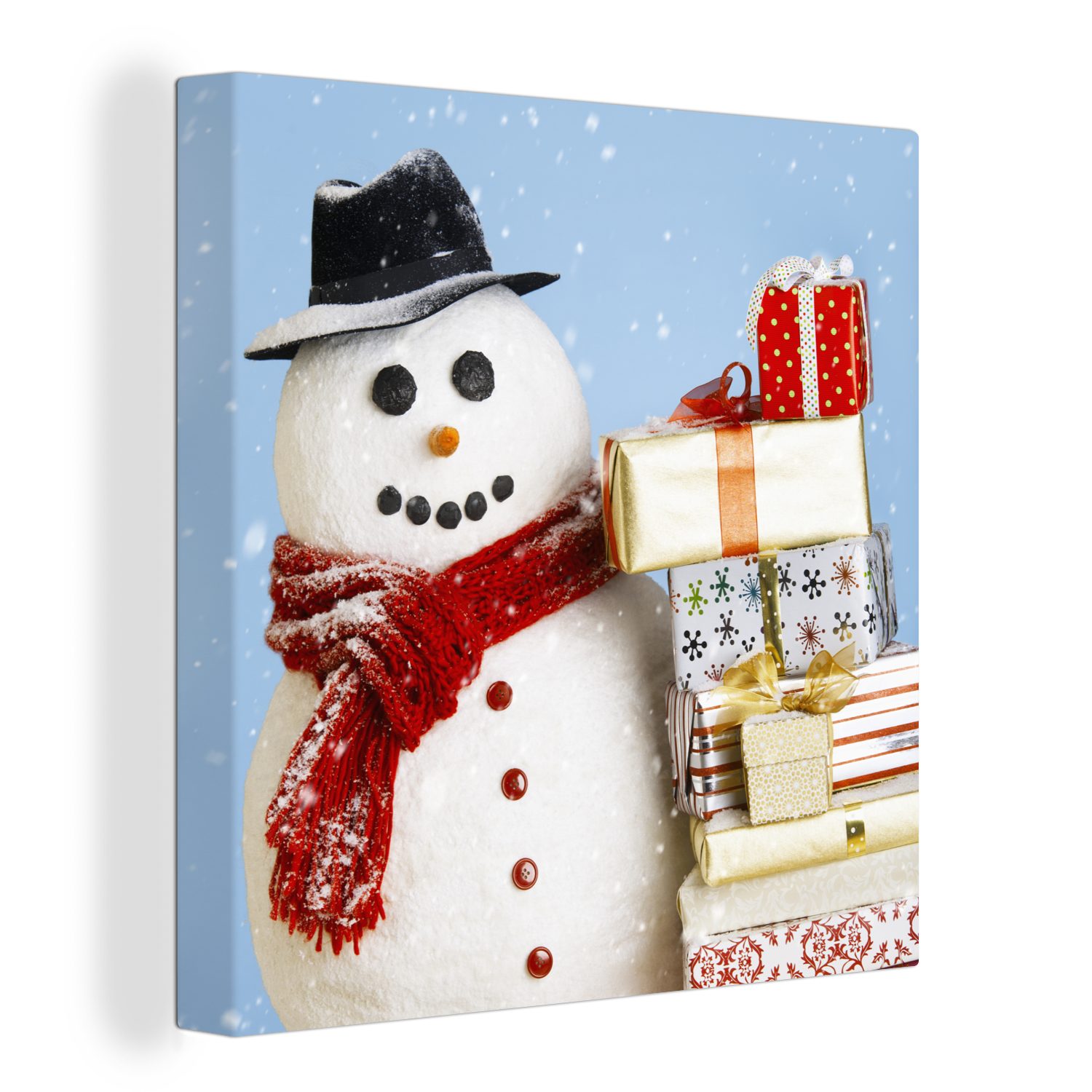 OneMillionCanvasses® Leinwandbild Ein Schneemann mit Weihnachtsgeschenken, (1 St), Leinwand Bilder für Wohnzimmer Schlafzimmer