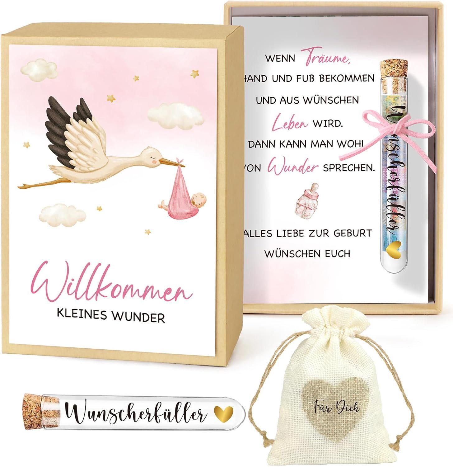 Wiladu Spardose Wiladu Geburt Geschenk Reagenzglas Jutesäckchen Grußkarte