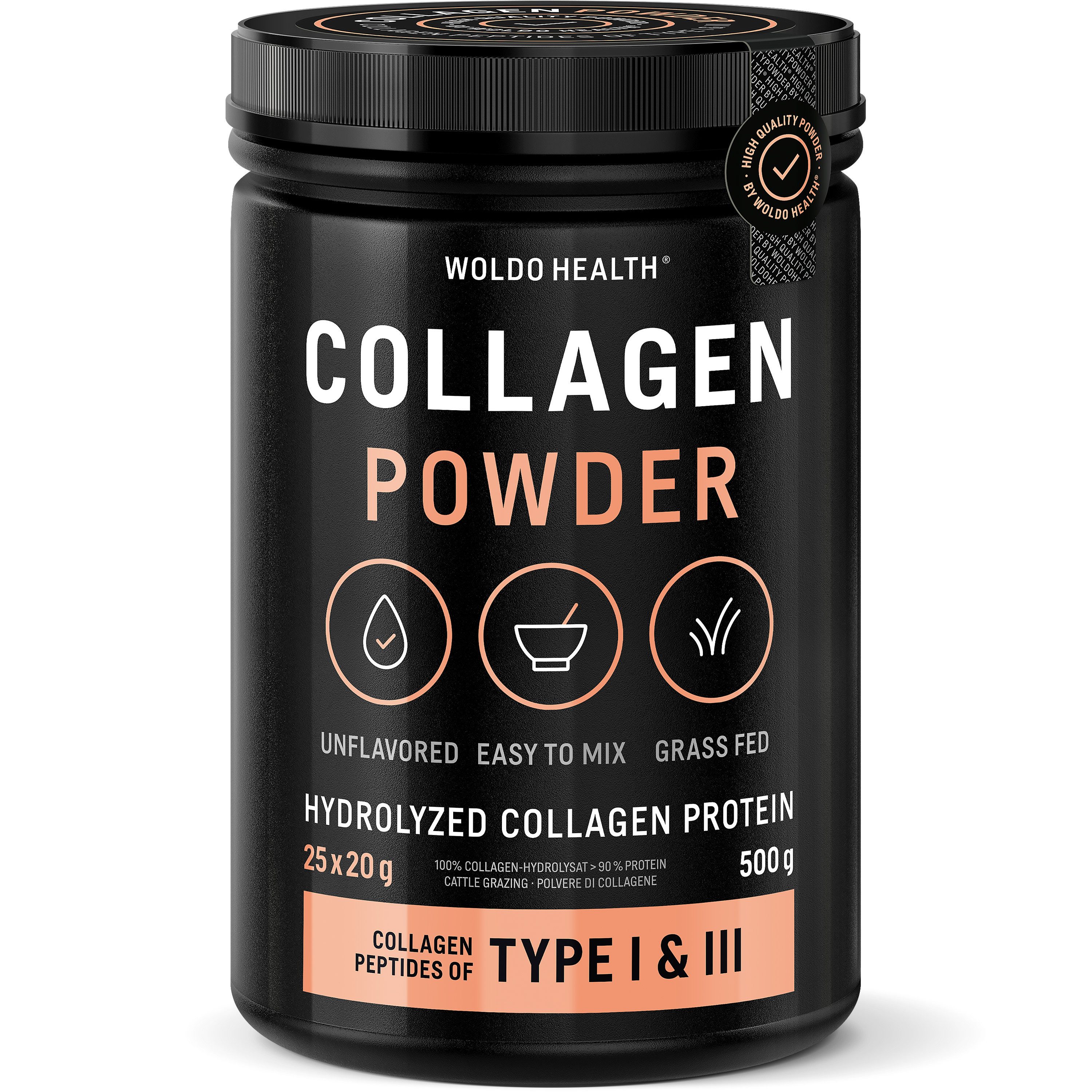 WOLDO HEALTH WoldoHealth Kollagen Pulver 500g Typ I & III Hydrolysiertes Collagen Pulver, Protein Peptide, Rinderkollagen aus Weidehaltung, Geschmacksneutral