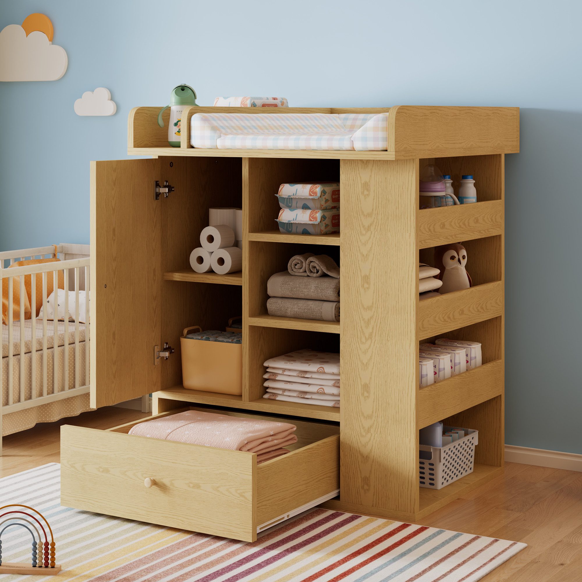 Wickelkommode mit Schubladen Baby-Wickeltisch mit verstellbaren Regalböde