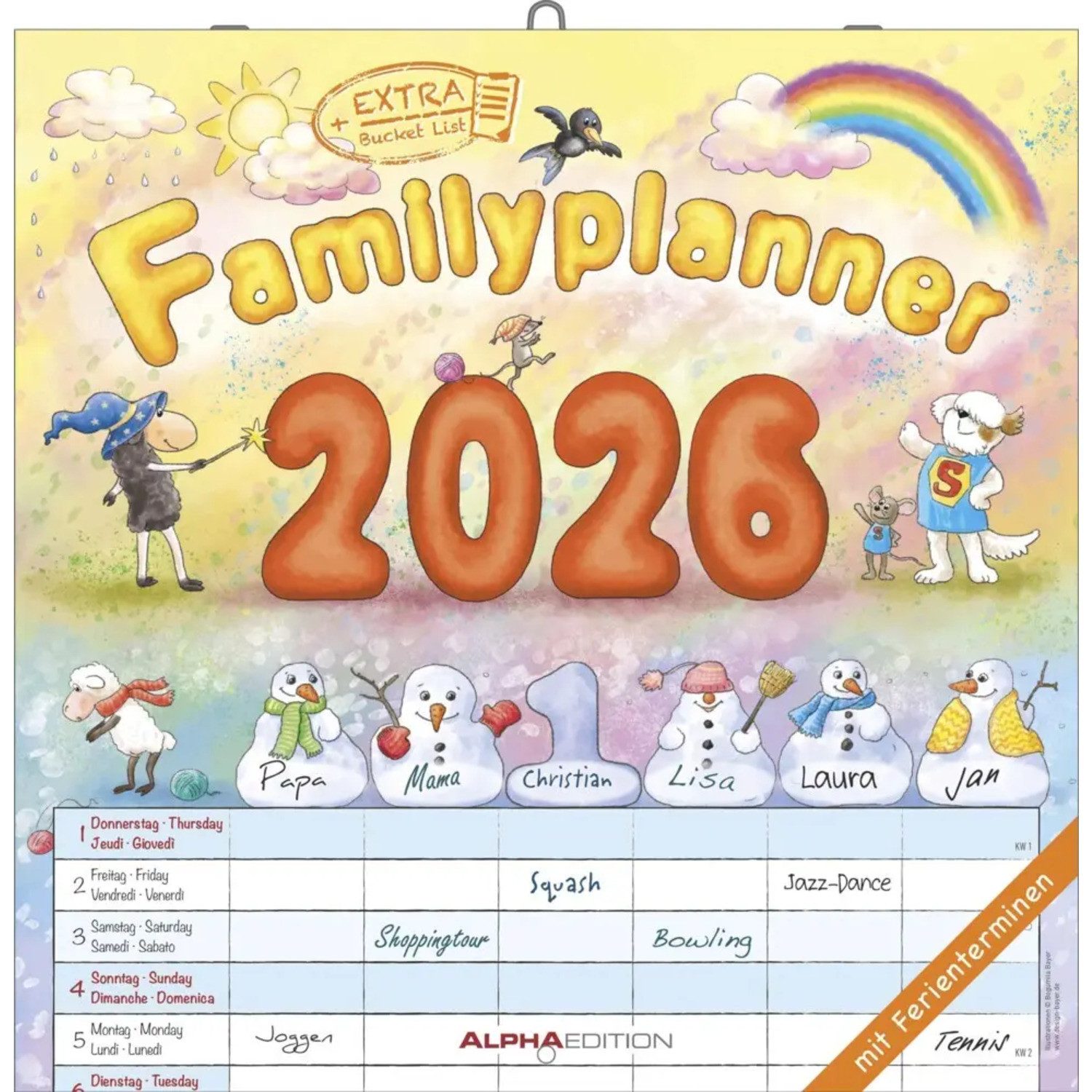 Alpha Edition Wandkalender Alpha Edition - Familienplaner Cartoon Kalender 2026 - 30x30 cm -...
