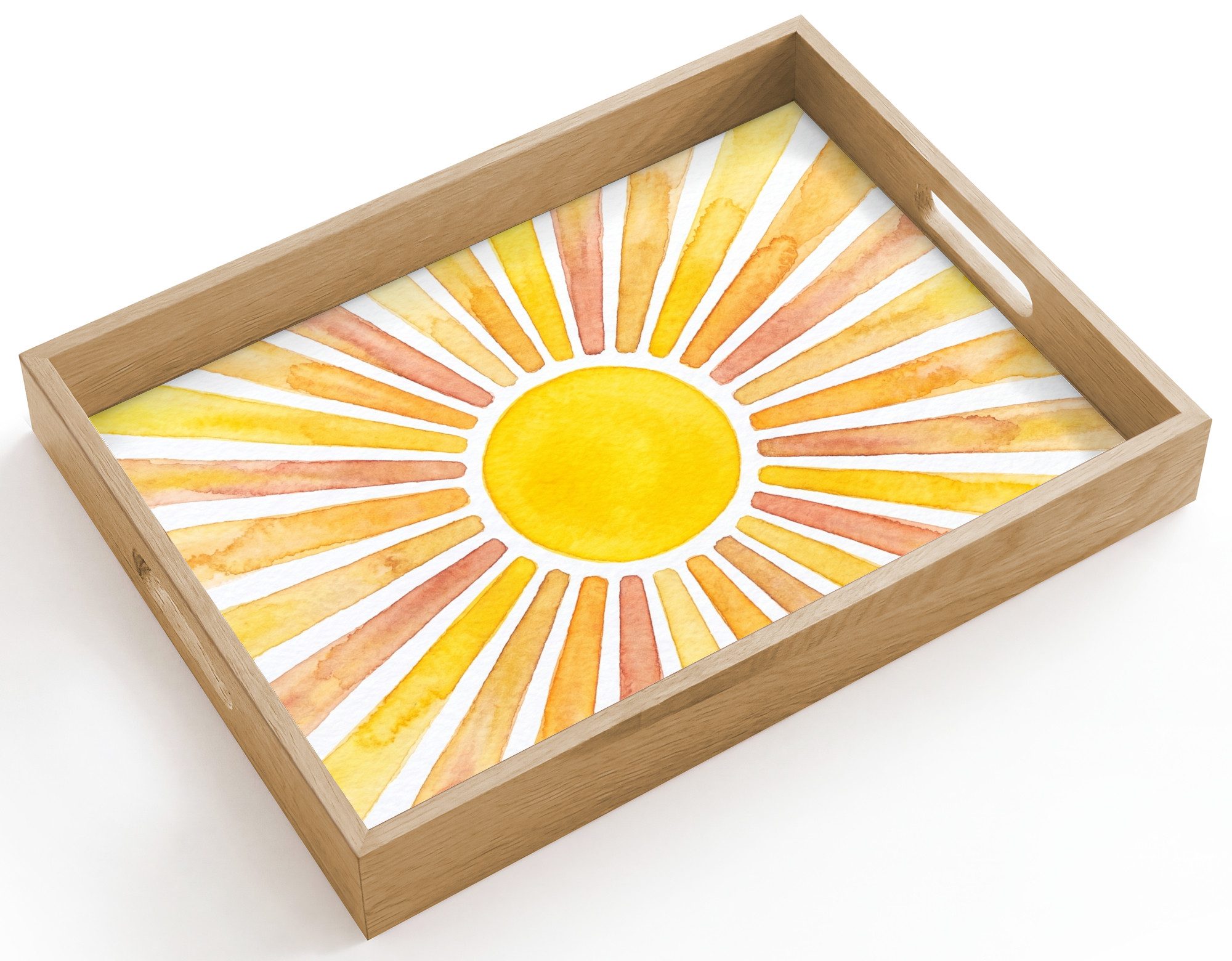 OnlyWow Tablett Rechteckig mit Henkel Sonne – Strahlen – Aquarell – Gelb – Abstrakt, Eichenholz, (1-tlg), Siervierplatte, Tray, Frühstücksbrett