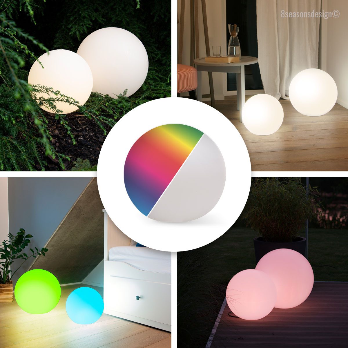 8 seasons design LED Kugelleuchte Shining Globe, Kugellampe für außen (Garten, Terrasse, Balkon), LED wechselbar, E27-Fassung, warmweißes und buntes Licht (15 Farben), dimmbar, RGB Farbwechsel, Fernbedienung - robust & langlebig