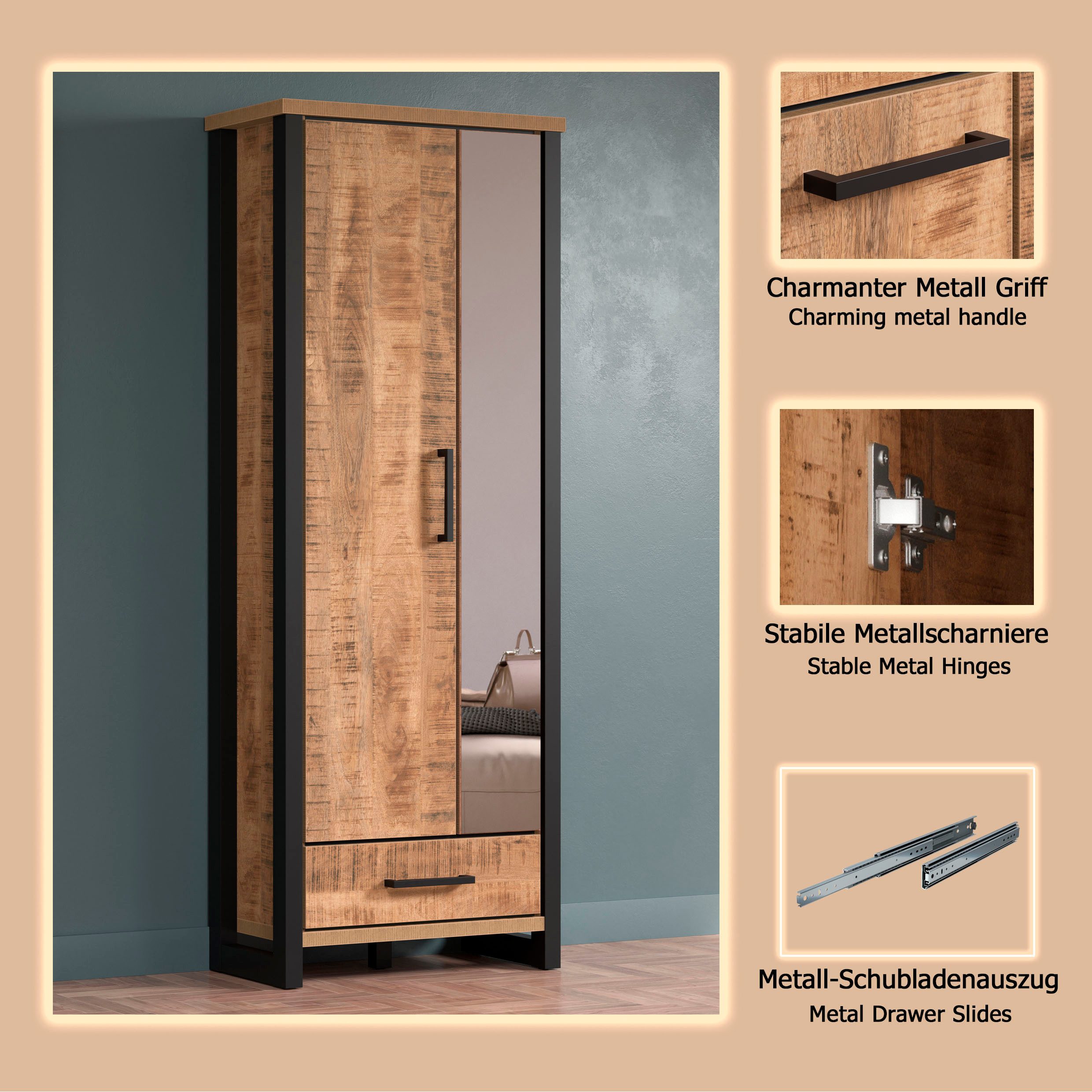 Home affaire Garderobenschrank Elda (1-St) Schrank mit ausziehbarer Kleiderstange, 2 Türen – (B/T/H) 73/39/195 cm