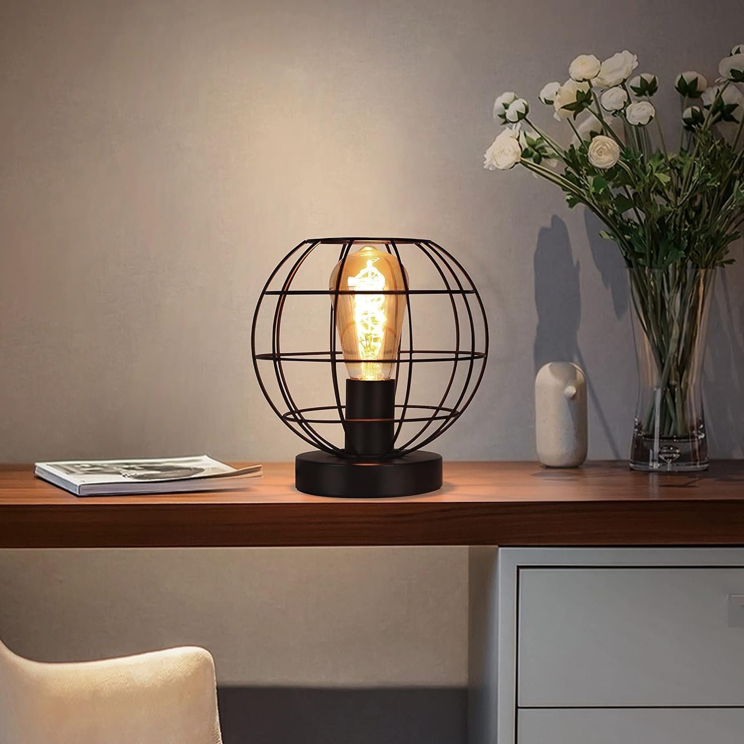 Nettlife Tischleuchte Vintage Schwarz E27 Retro Industrial Tischlampe aus Metall, mit Schalter, LED wechselbar, Wohnzimmer Kinderzimmer Schreibtisch Schlafzimme – Bild 4 von 5