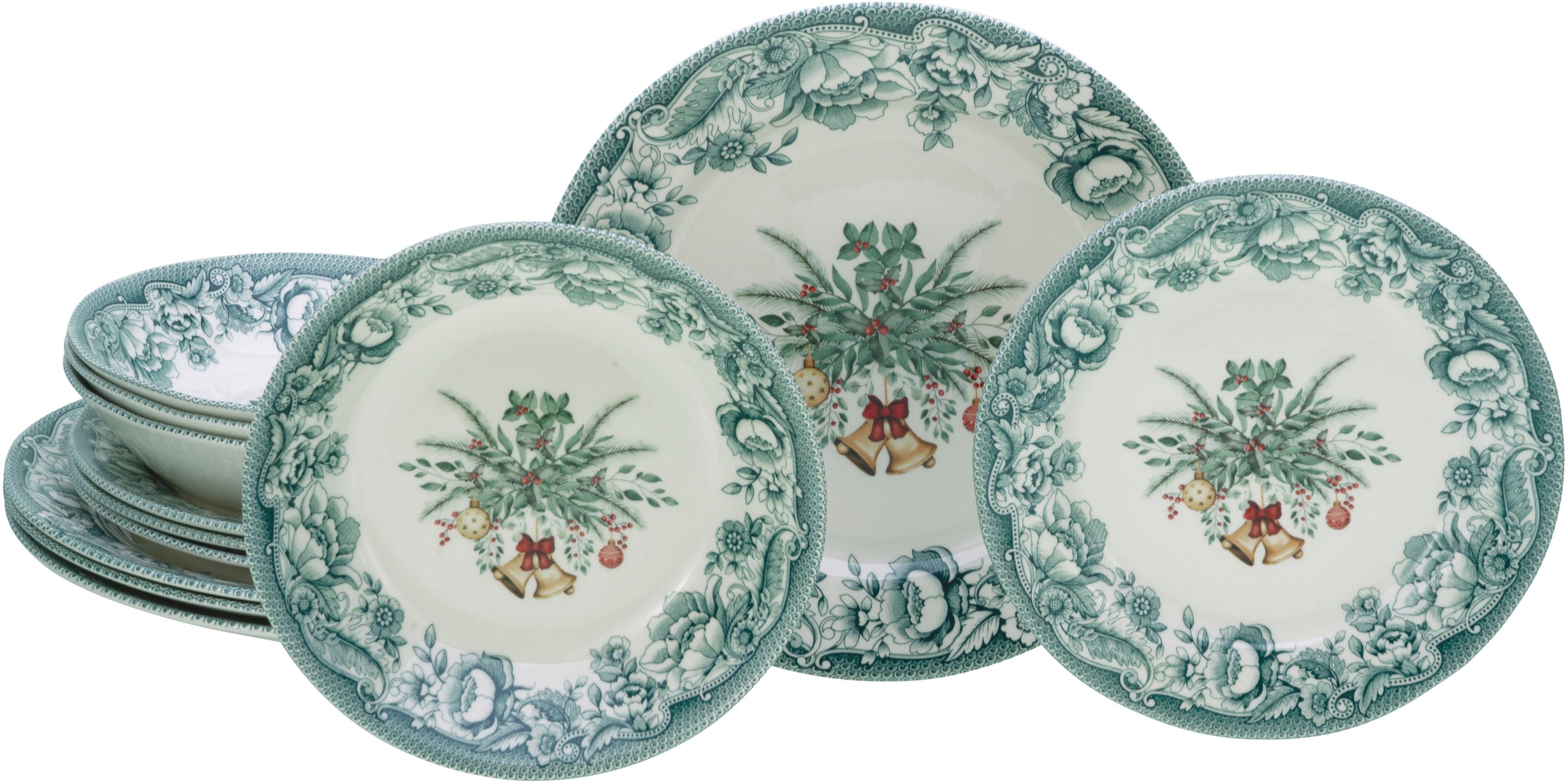 CreaTable Teller-Set Weihnachten Grün, Tellerset 12-tlg (12-tlg), 4 Personen, Steingut, Weihnachtsdekorationen als Zentralmotiv
