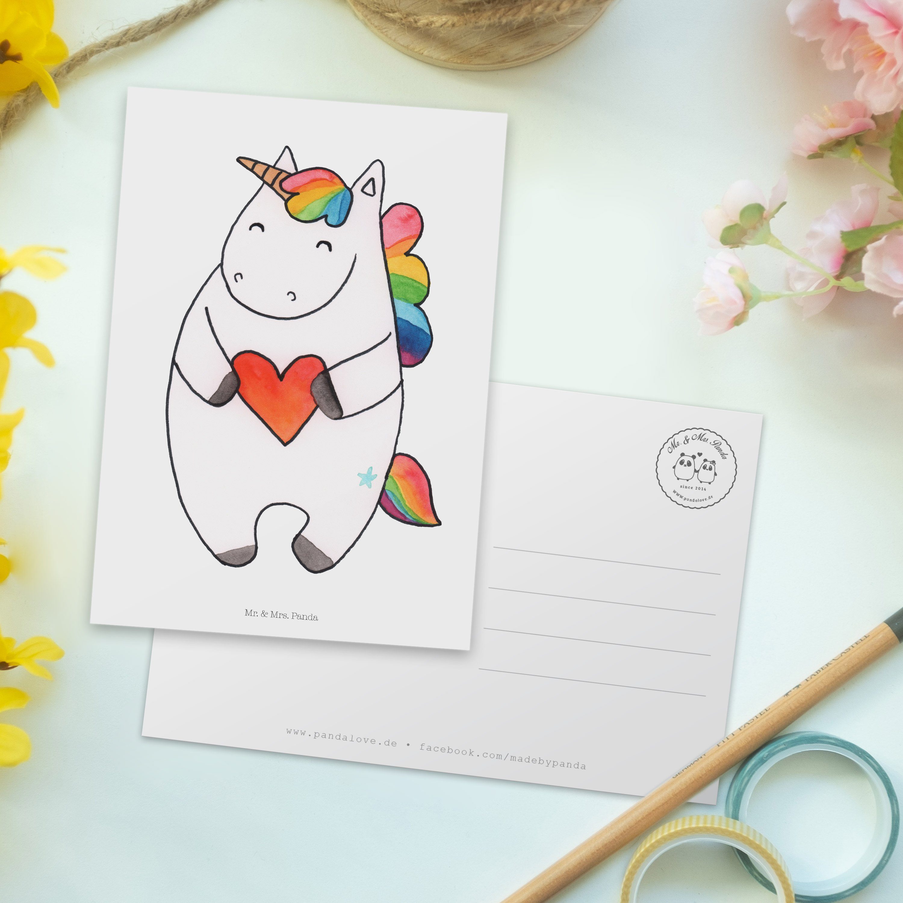 Mr. & Mrs. Panda Postkarte - Einhörner, Herz Unicorn Weiß Geschenk, Einhorn - Geburtstagskarte