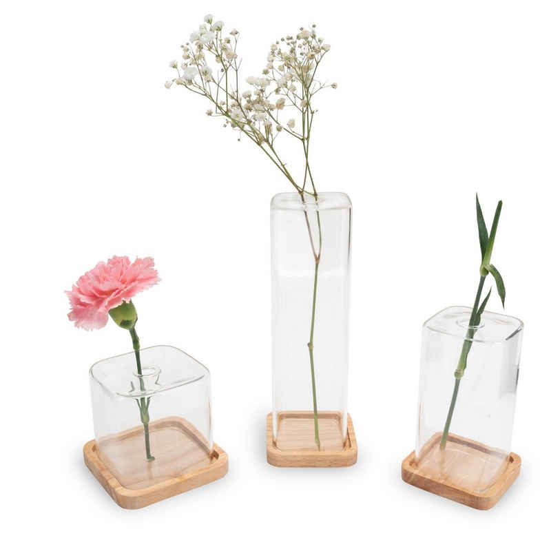 LUUK LIFESTYLE Tischvase Vasen-Sets aus Glas in modernem Design, HANDMADE (Set (2 bzw. 3 Stück), mit Holzuntersetzer bzw. Messing Aufsatz), mundgeblasene Tischvasen