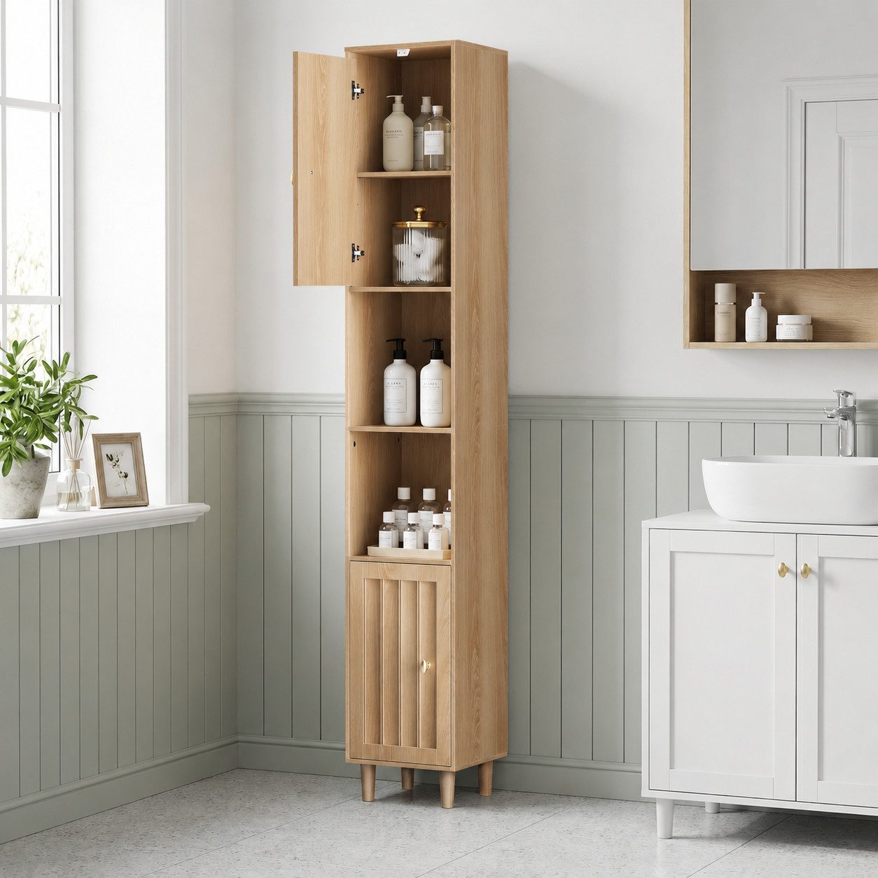 Yorbay Badkommode Badezimmerschrank schmal, Hochschrank mit Türen und offenen Fächern, Freistehender Badschrank mit verstellbaren Einlegeböden, Eiche Optik
