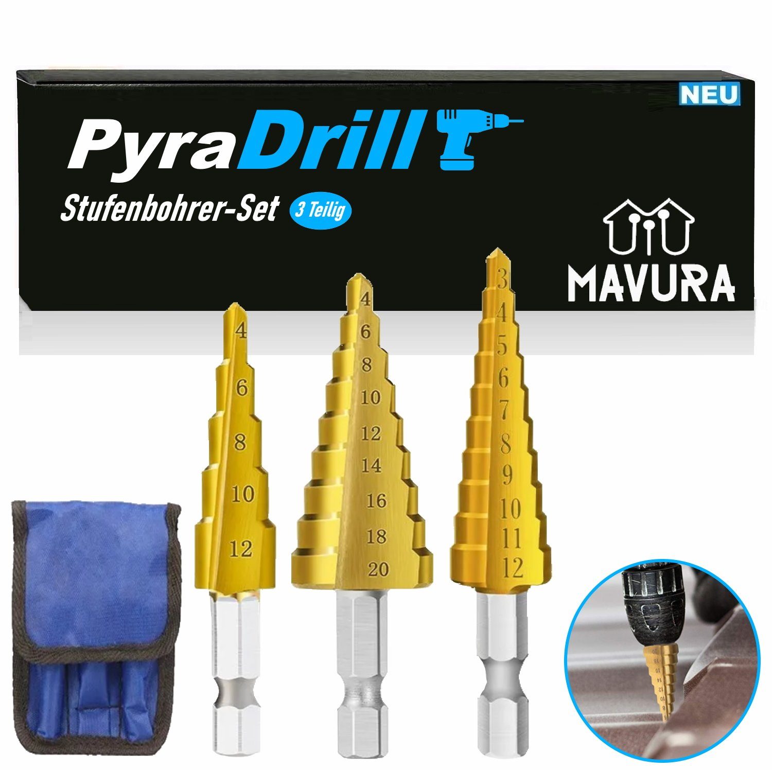 MAVURA Stufenbohrer PyraDrill HSS Edelstahl Schälbohrer Kegelbohrer Konusbohrer, Metallbohrer Kegelsenker Metallfräser Fräsbohrer Set 3er