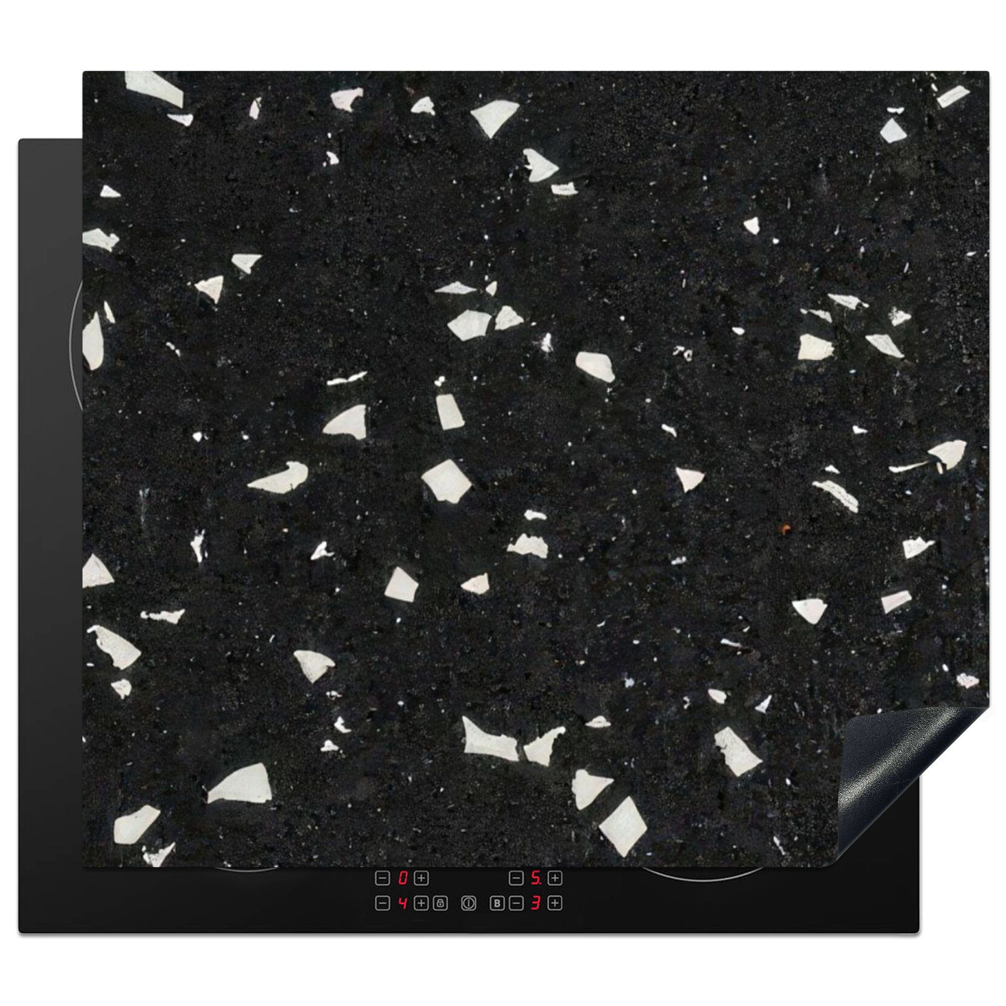 MuchoWow Herdblende-/Abdeckplatte Terrazzo - Weiß, Schwarz - tlg), - nutzbar, Vinyl, cm, Grau Arbeitsfläche (1 Mobile 60x52 Ceranfeldabdeckung