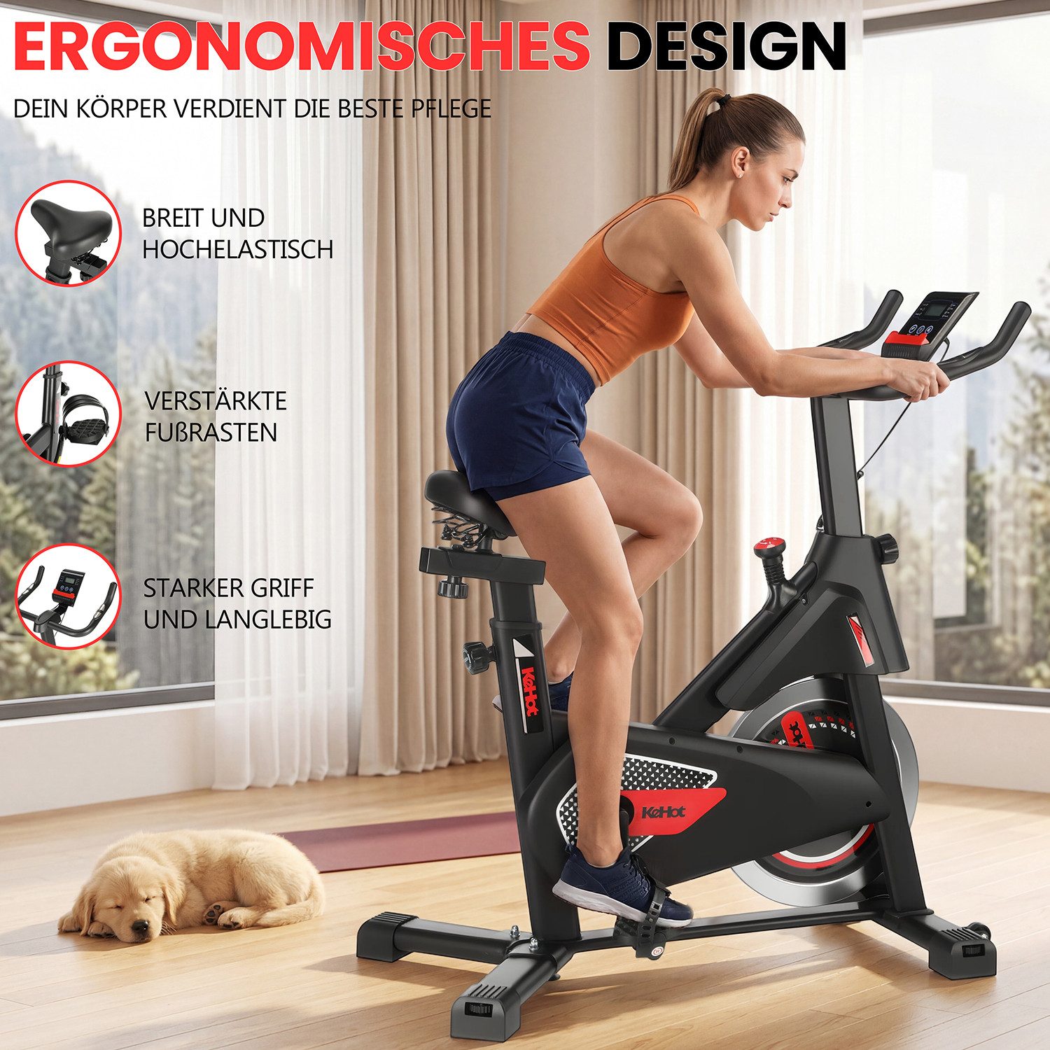 kehot Heimtrainer Heimtrainer Fahrrad für Zuhause – Leise Indoor Cycling Bike (6kg Schwungrad Filzbremse stufenlos Indoor Cycling Fitnessbike, Profi Training hohe Intensität Herzfrequenz LCD präzise Kontrolle), Studio Gefühl robuster Rahmen stabil leiser Lauf für Fortgeschrittene
