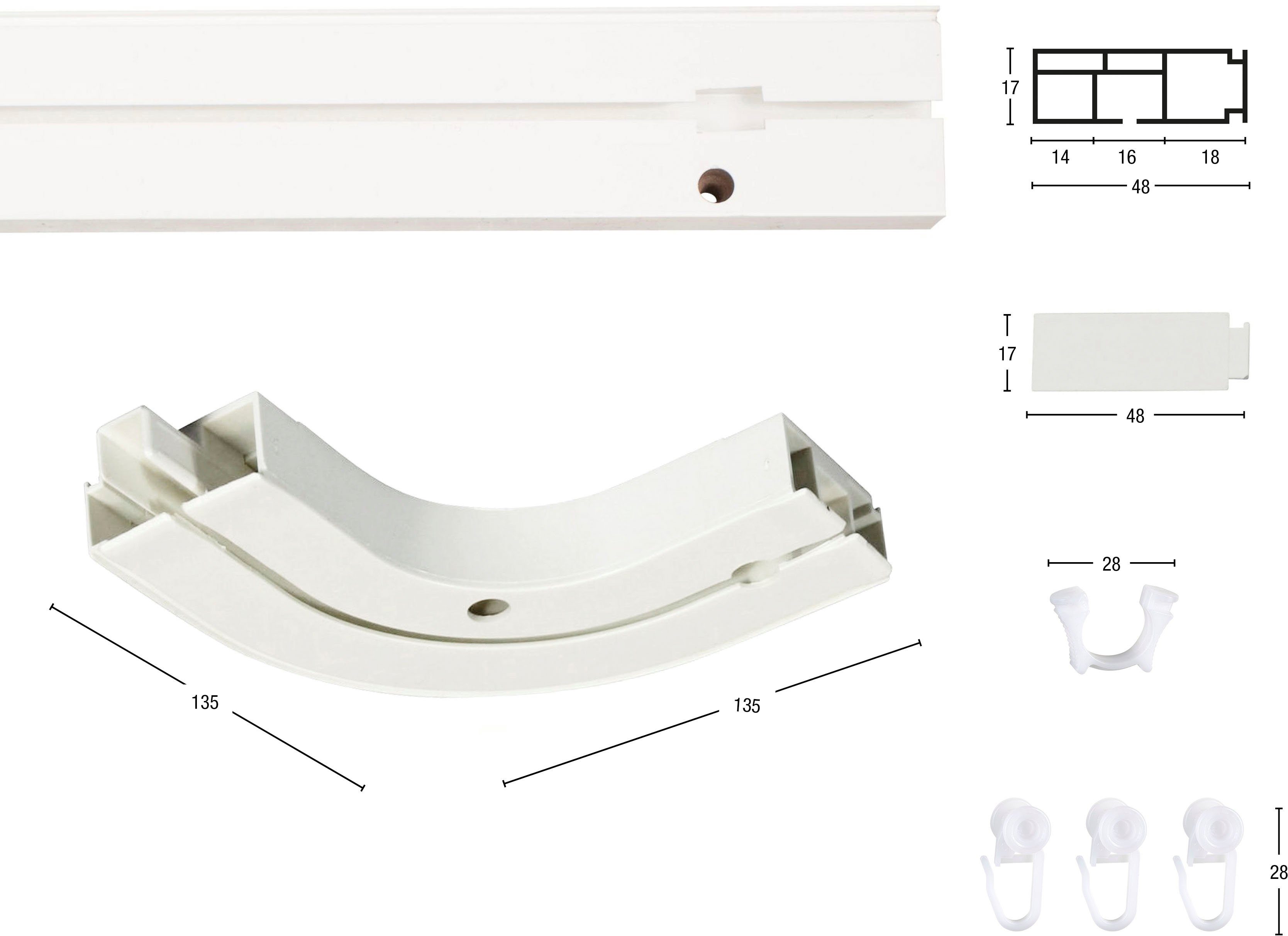 verschraubt, 1-läufig, Spalt Wand) mit und Vorhang mit GARESA, Kunststoffschiene Rundbögen seitlich Gardinenschiene CREDO, (kein Bohren, zwischen Wunschmaßlänge,