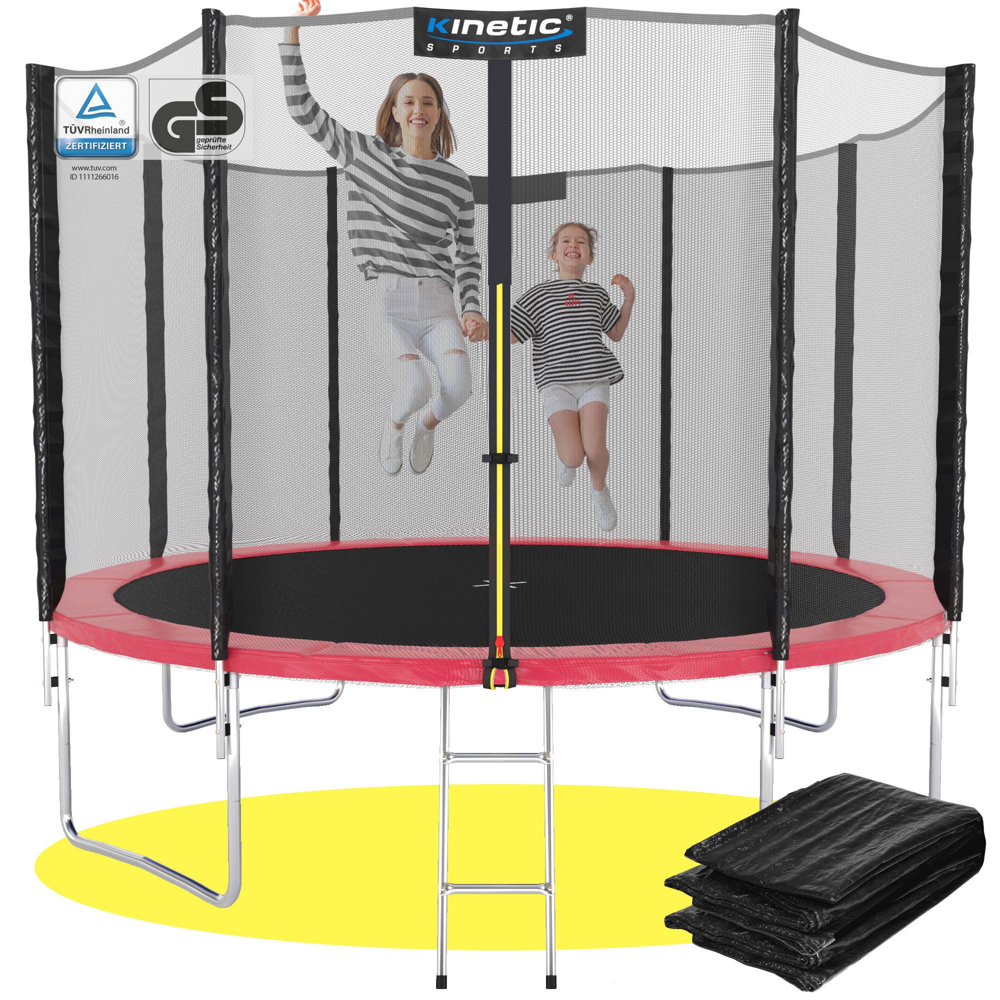 Kinetic Sports Gartentrampolin SALTO PLUS, Ø 305 cm, Komplett-Set mit Leiter, Regenplane, TÜV Rheinland GS-geprüft