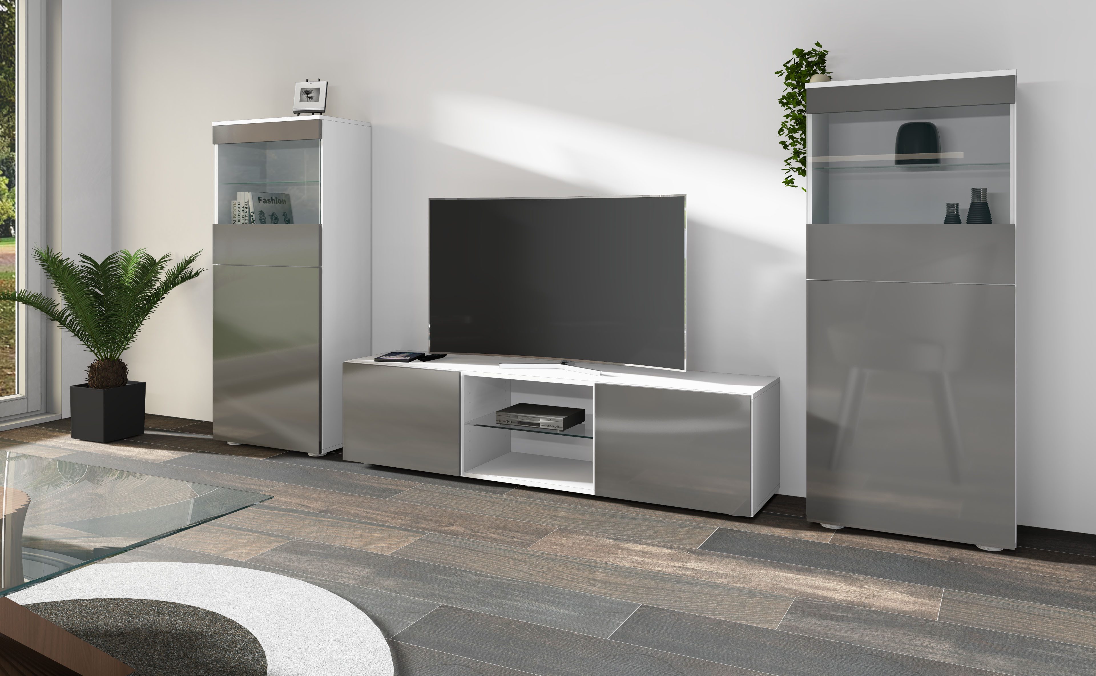 borchardt Möbel Wohnwand Scala, Mediawand 3-teilig mit 2 Vitrinen und Lowboard, Mit Griffen oder Push-to-open-Systemen, Fronten matt oder glänzend