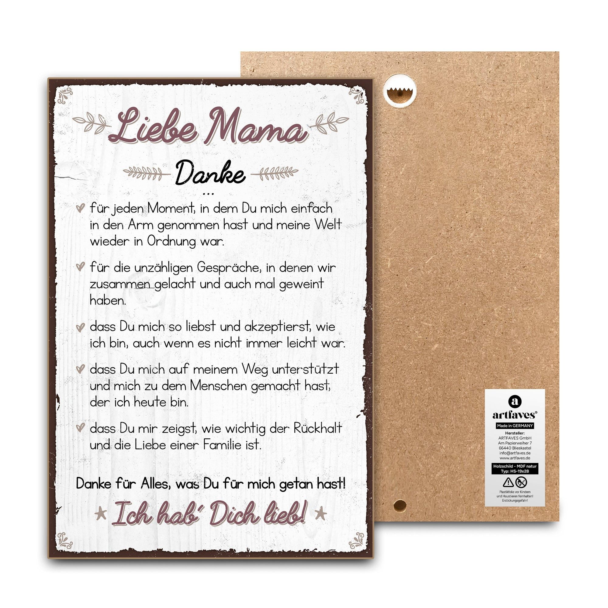 ARTFAVES Holzbild Schild mit Spruch - DANKE liebe MAMA - Muttertag