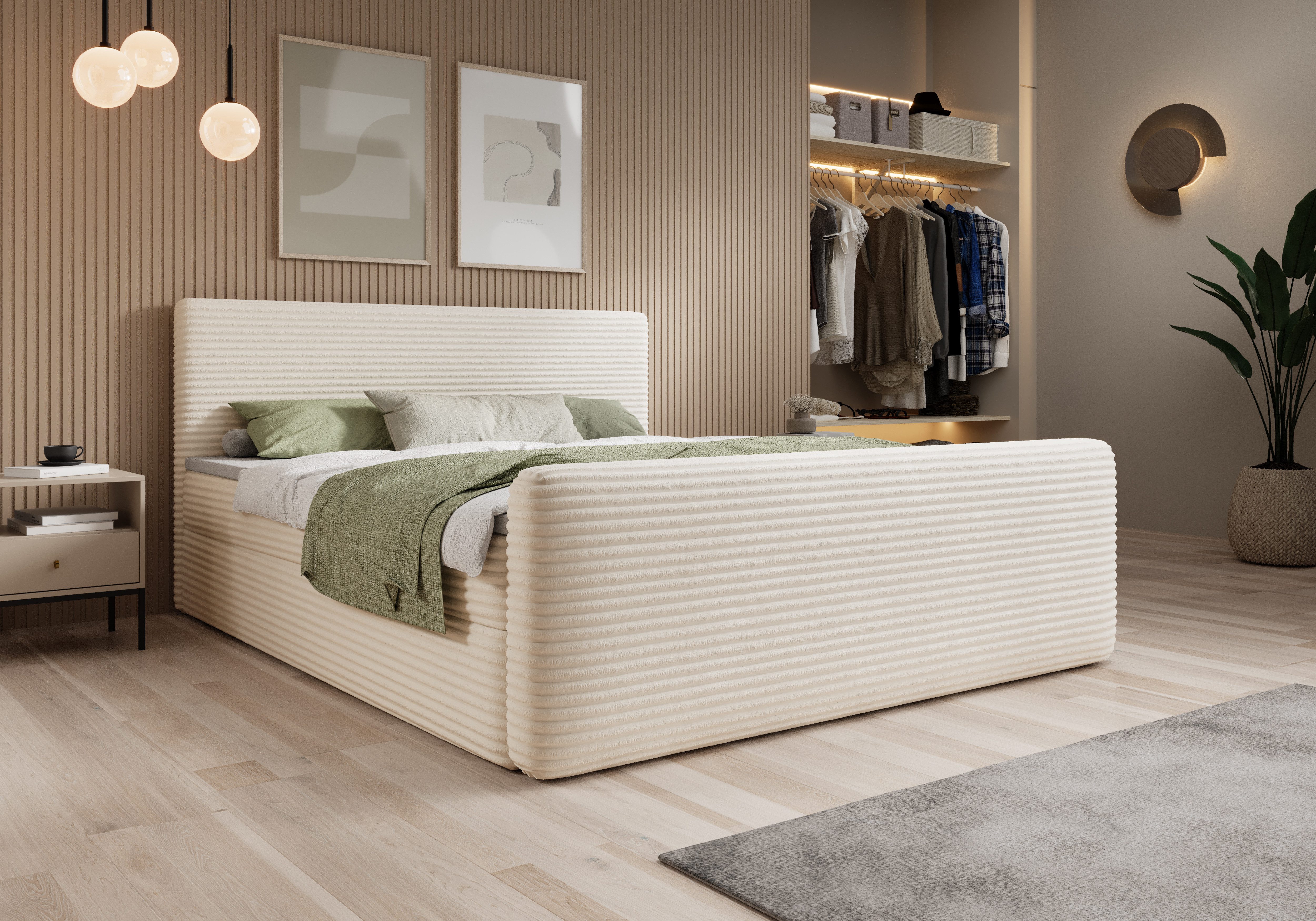 thematys Boxspringbett Cord mit Bettkasten 140x200–200x200 cm – Luxus Boxbett (Polsterbett Bonnellfederkern Matratze H3 + Gratis 3cm Topper, Doppelbett mit Stauraum)