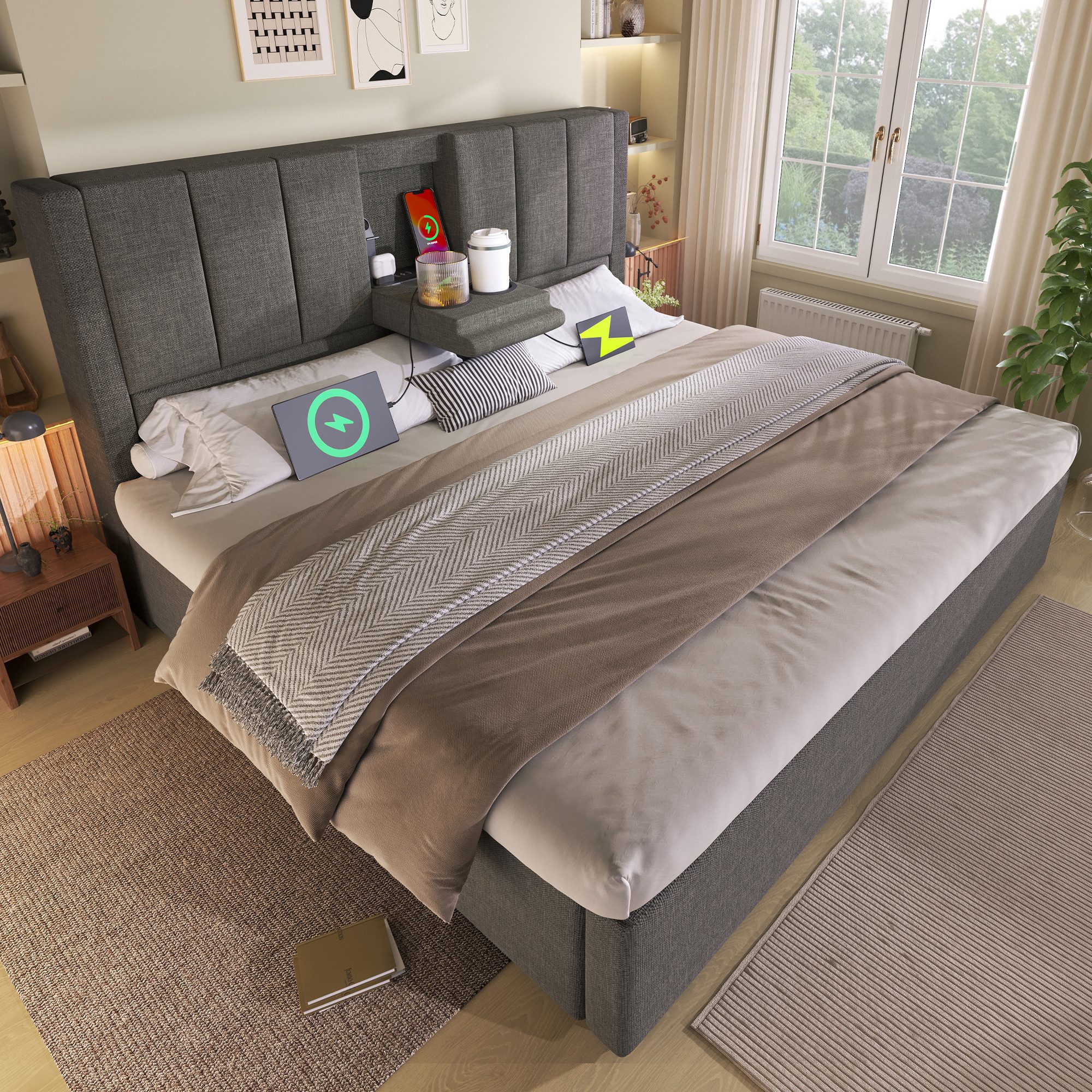 MODFU Polsterbett Polsterbett 140 x 190 cm mit Stauraum und Ladestation, Leinen Grau (Struraumbett, Funktionsbett, Inkl. Lattenrost, Leinen Beige), mit verstecktem Becherhalter & Ladestation