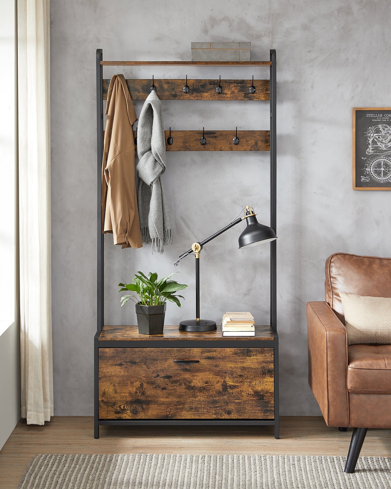 VASAGLE Garderobenständer Garderobe, mit Schuhschrank, Sitzbank, Schuhkipper, Haken, obere Ablage