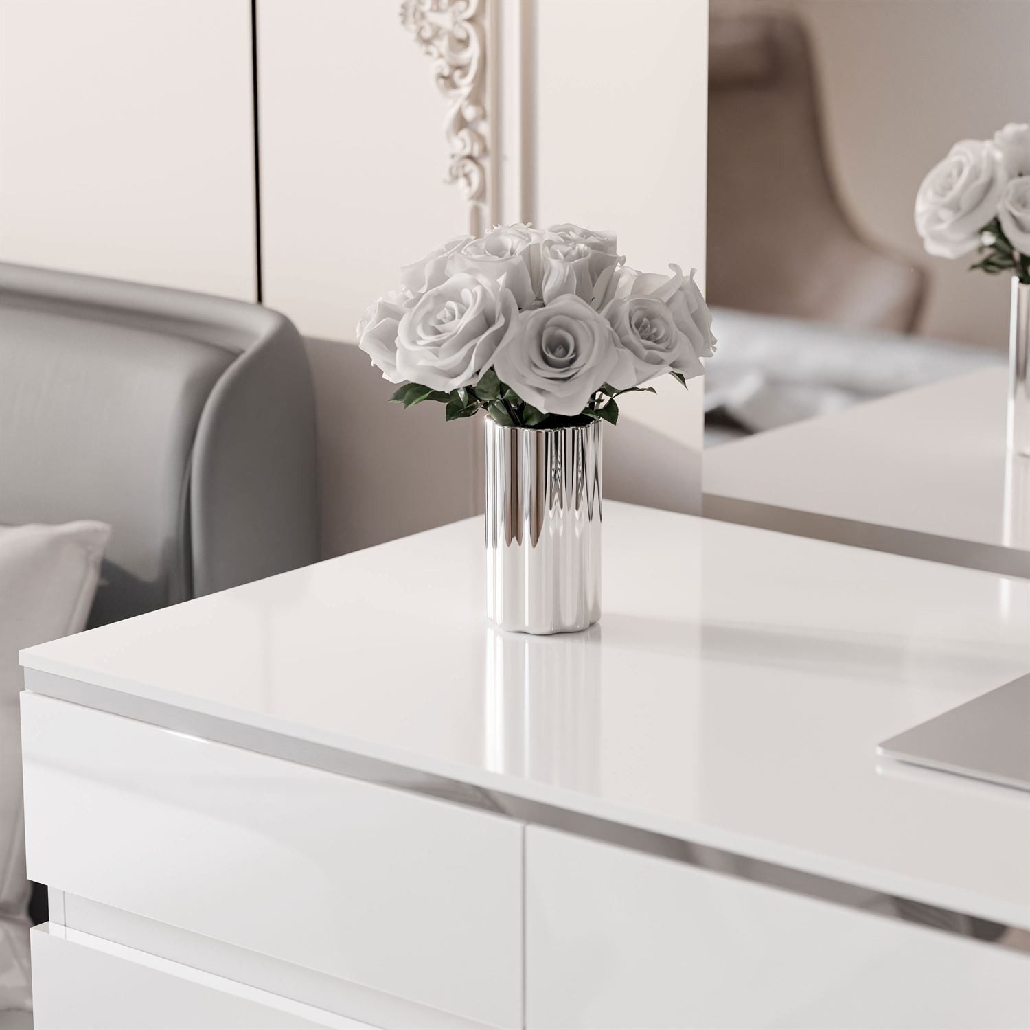 Lookway Schreibtisch AURORA SILVER mit Schubladen, Breite: 120 cm, Höhe: 78,5 cm, Tiefe: 55 cm. – Bild 5 von 5