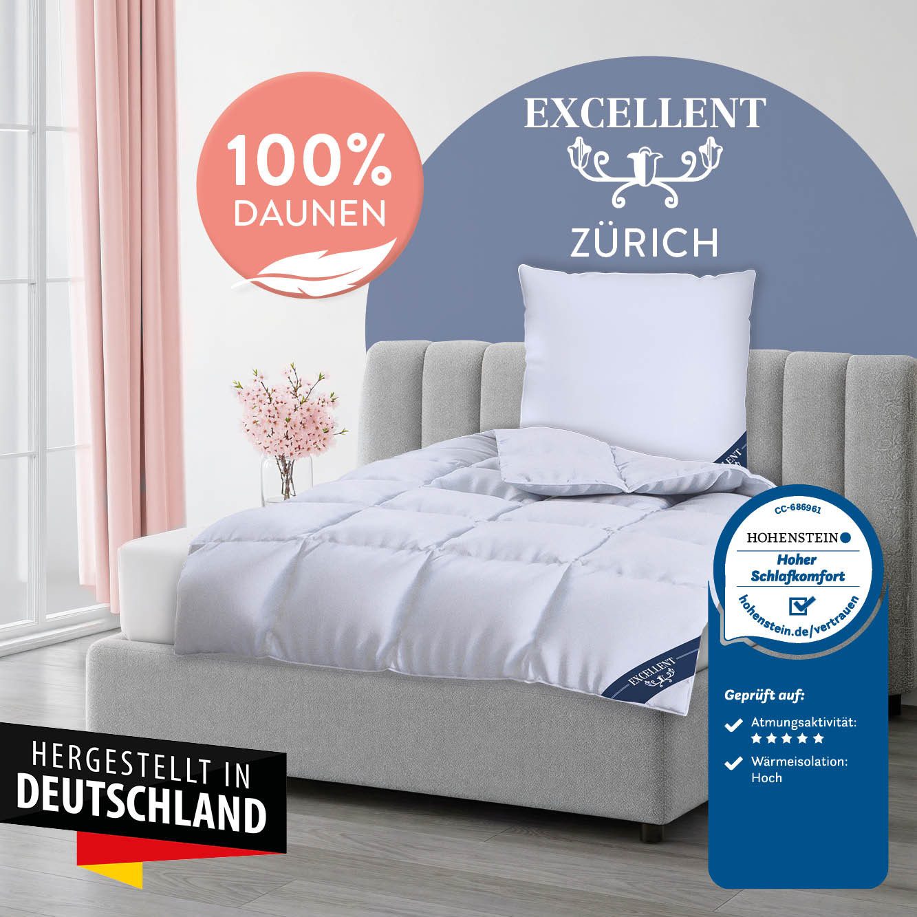 Excellent Daunenbettdecke Zürich, Bettdecke normal mit Bestnote "Hoher Schlafkomfort" bewertet., Füllung: 100% Daunen, Bezug: 100% Baumwolle, Bettdecke 135x200  – Bild 2 von 5