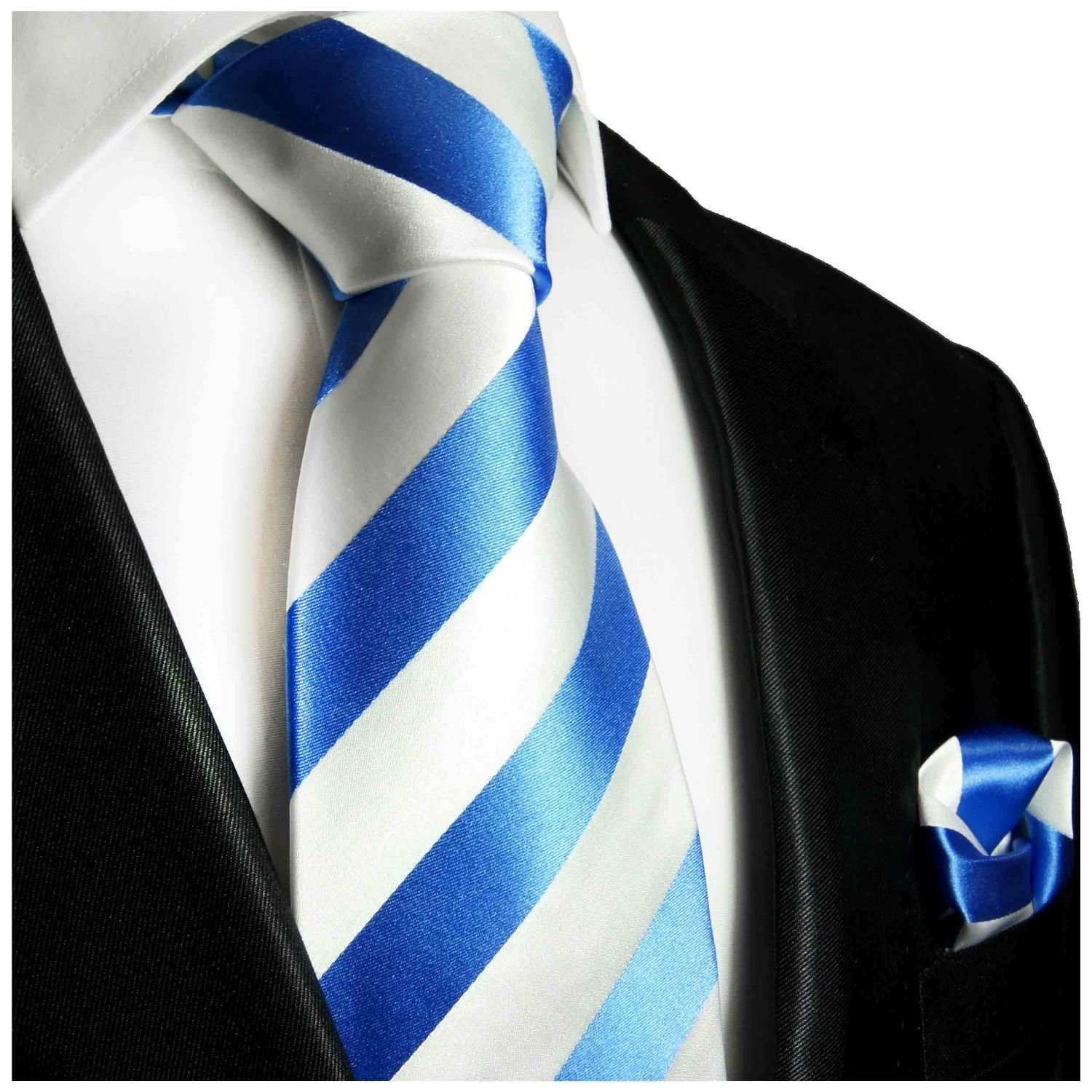 Paul Malone Krawatte Herren Seidenkrawatte mit Tuch Streifen modern gestreift 100% Seide (Set, 2-St., Krawatte mit Einstecktuch) Schmal (6cm), hellblau weiß 413 | Breite Krawatten