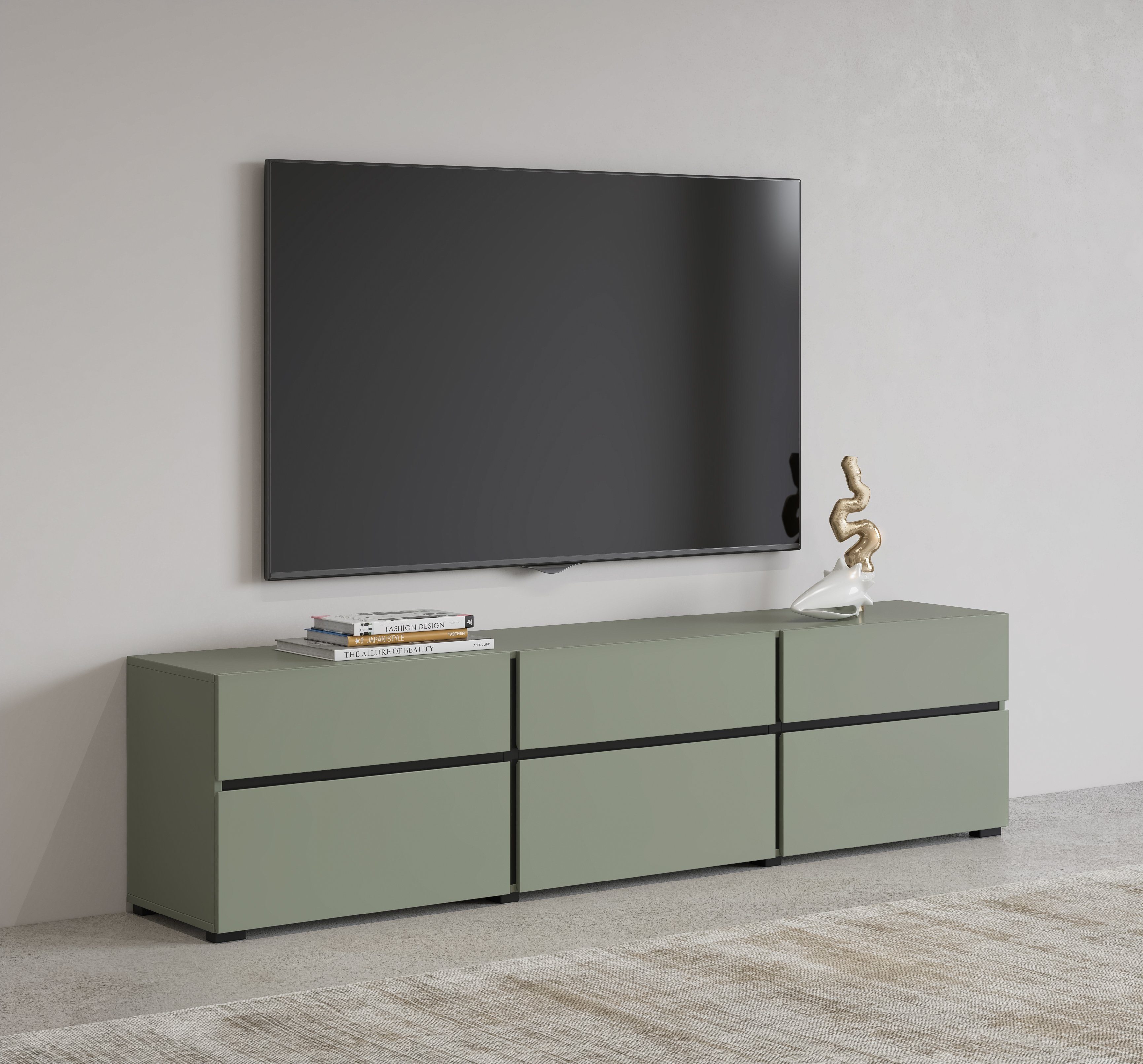 Lowboard Cross, moderne grifflose TV-Kommode,3 Klappen/3 Schubkästen