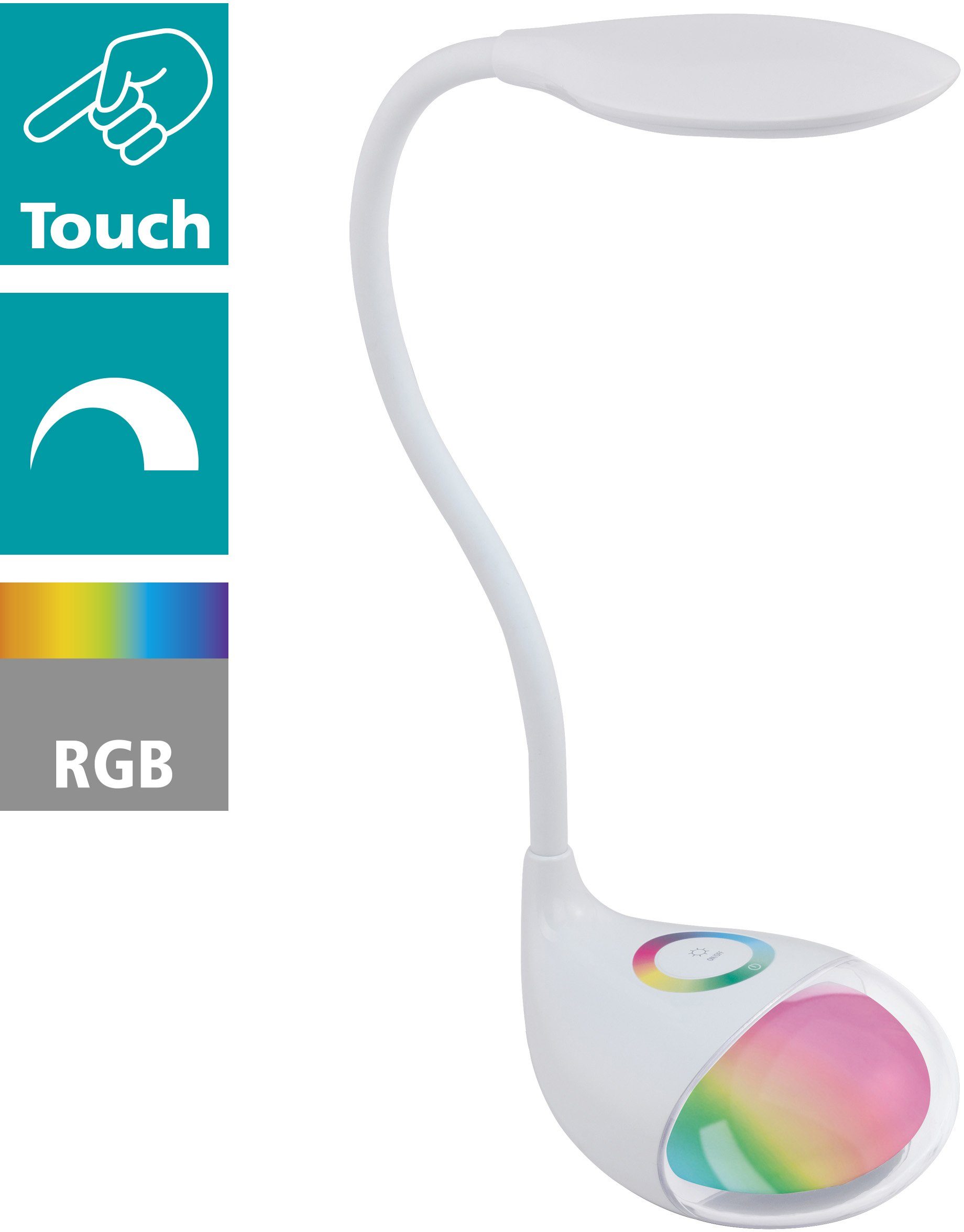 EGLO Tischleuchte CABADO 1 Tischlampe, Kunststoff, Schreibtischlampe, Bürolampe, Lampe, Dimmfunktion, Ein-/Ausschalter, Farbwechsel, RGB, LED fest integriert, Kaltweiß, Tischleuchte, L14 x B11 x H49 cm, weiß, 2,4W;0,3W inkl.