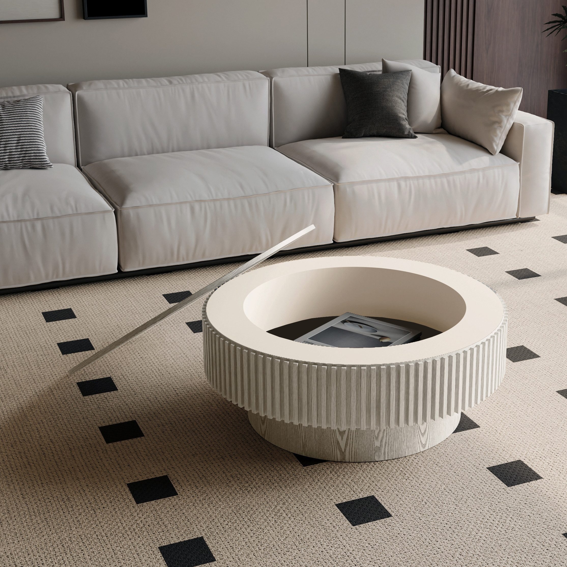 OKWISH Couchtisch Runder Couchtisch 75cm mit Stauraum, Holz furniert (Packung, 1-St., Moderner Beistelltisch und Teetisch in moderner weißer Optik), Geeignet für Wohnzimmer, Schlafzimmer, Wohnung und Büro