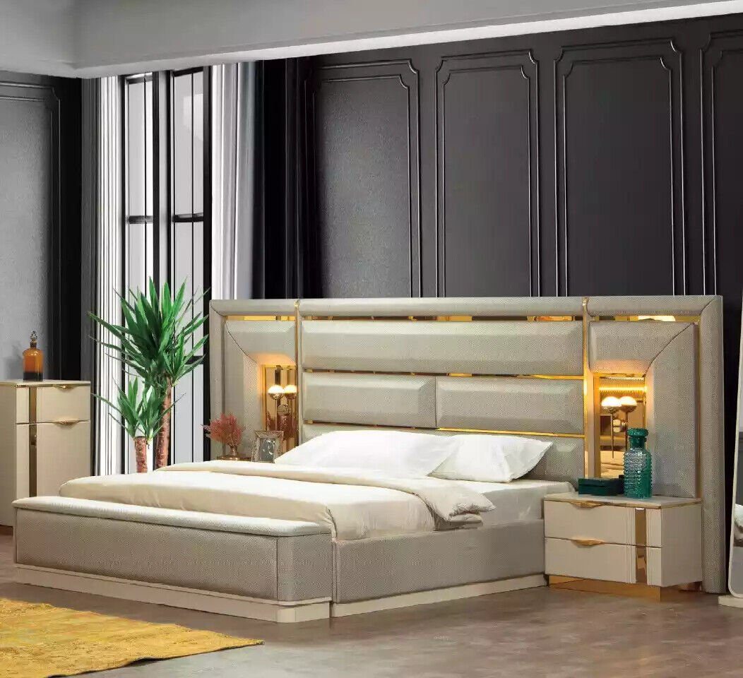 Schlafzimmer-Set Doppelbett (8-St., JVmoebel Groß Komplette Stoff Made Luxus Schlafzimmermöbel Bett/Bank/Nachttische/Kleiderschrank/Schminktisch/Bodenspiegel/Kommode), Beige, in Europa