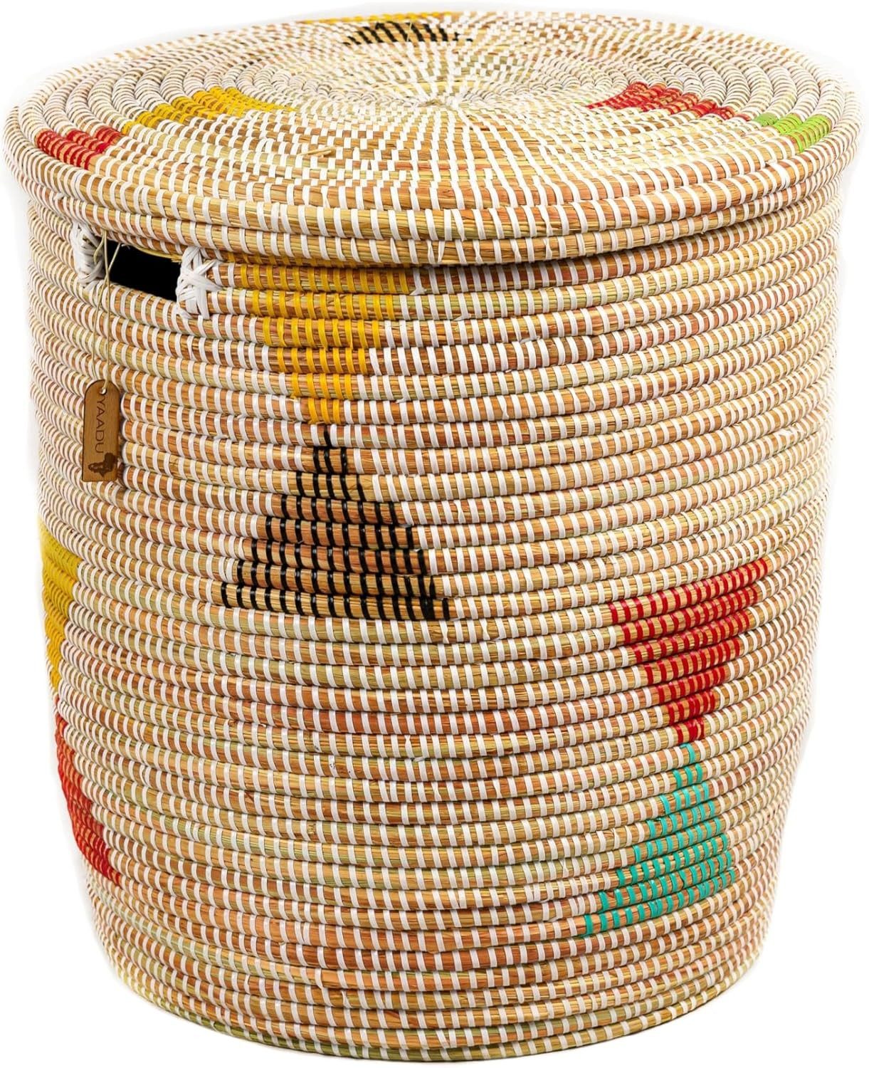 YAADU Aufbewahrungskorb mit flachem Deckel 42L - Wäschesammler, Aufbewahrungskorb, Ordnung, Handgefertigt in Afrika aus traditioneller Flechtkunst