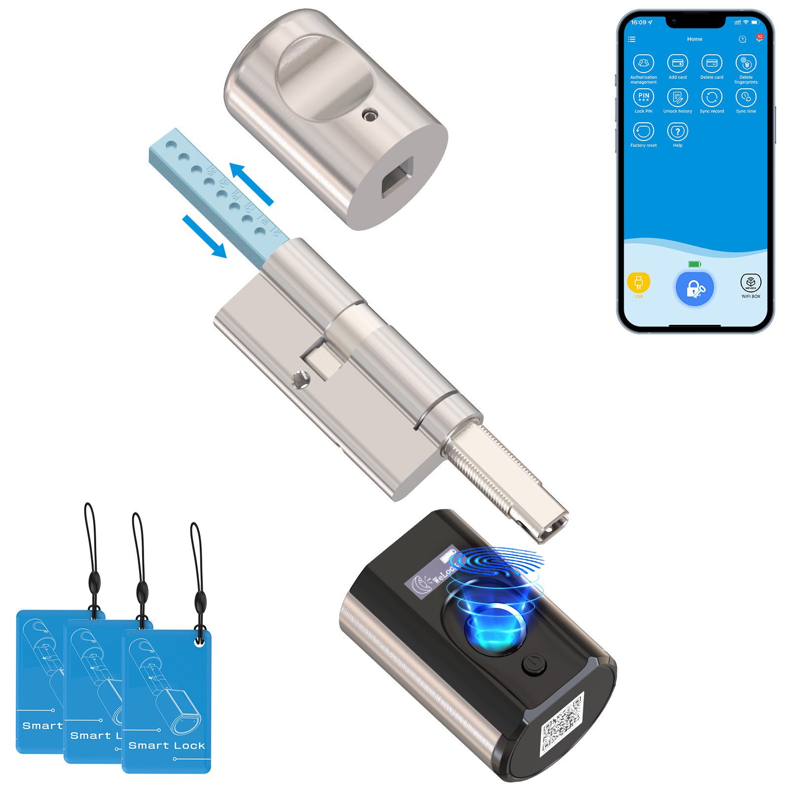 WE.LOCK Türschloss-Funksteuerung WELOCK Türschloss Fingerabdruck TOUCHEBL63 für 50-100mm Türen, für Wohnungstüren, Zimmertüren, Bürotüren, Abstellraumtüren, Haustüren (Türen mit Traufe), Packung, Smartes türschloss x1, RFID-Karte x3, Anleitung x1, Zubehör