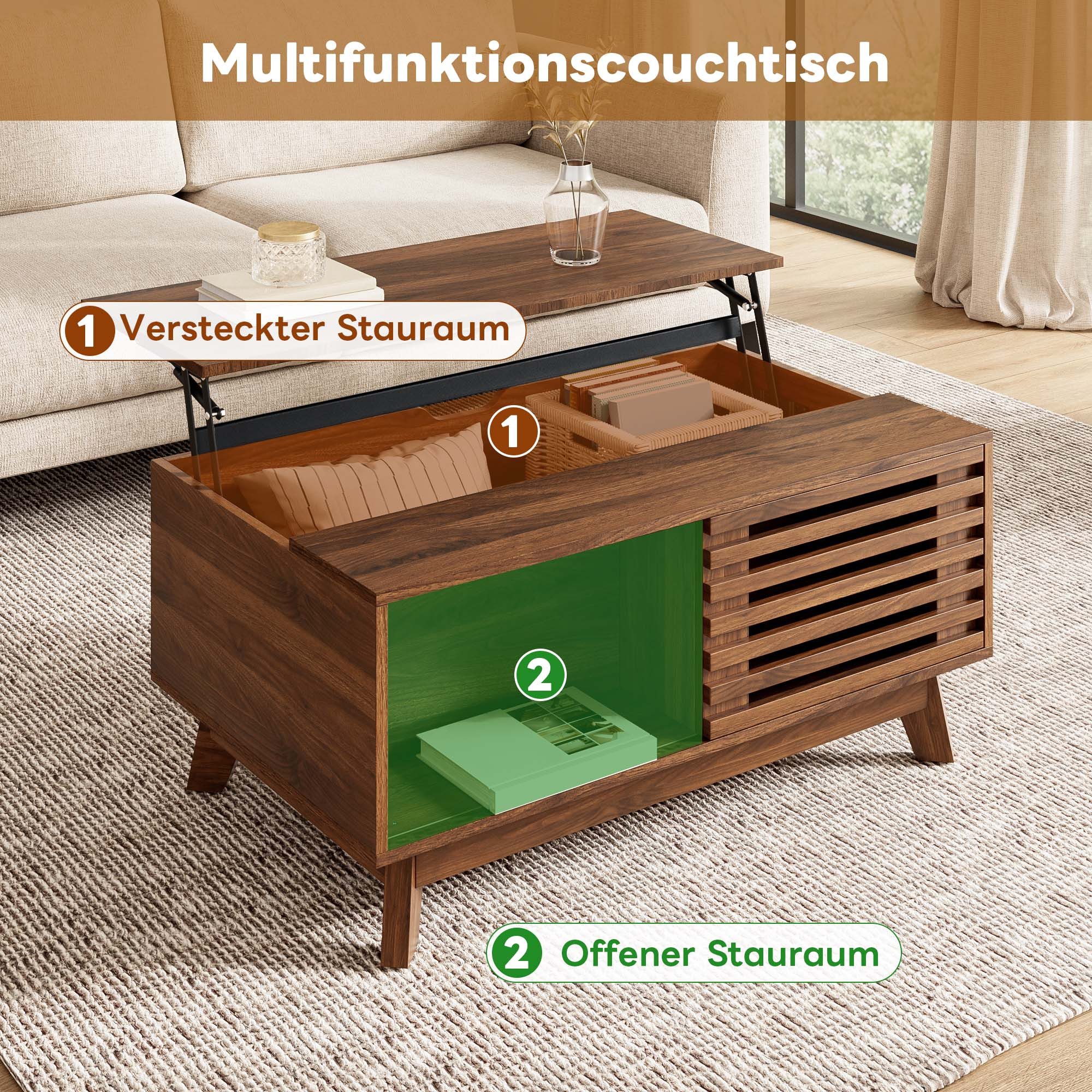 Merax Couchtisch höhenverstellbar Sofatisch Retro Beistelltisch (1-St), Wohnzimmertisch mit Jalousietür & Stauraum, 90x55x57,5cm – Bild 4 von 5