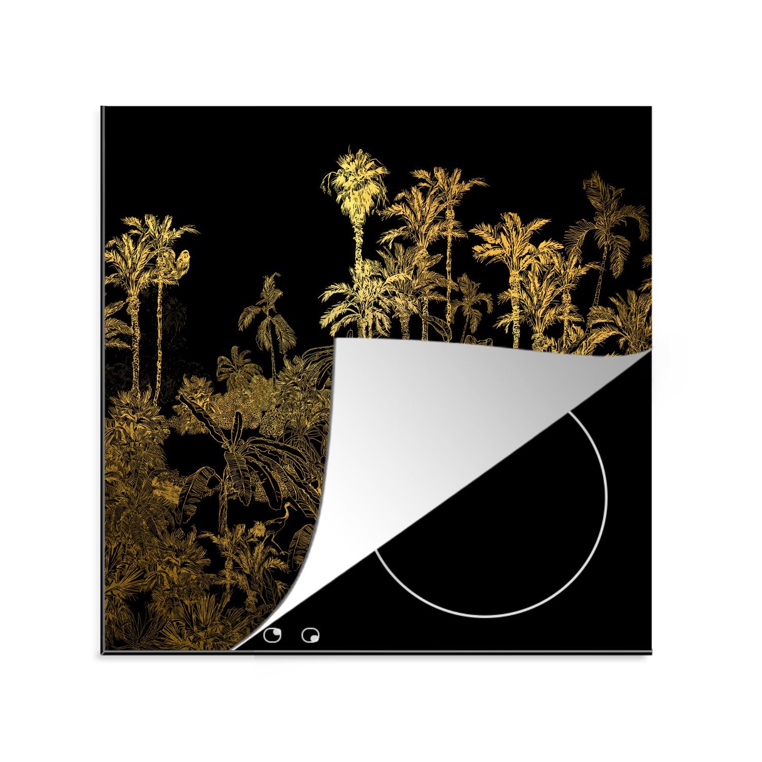 tlg), 78x78 für - - Ceranfeldabdeckung, Vinyl, Gold Bäume, Arbeitsplatte (1 küche cm, Dschungel MuchoWow Herdblende-/Abdeckplatte