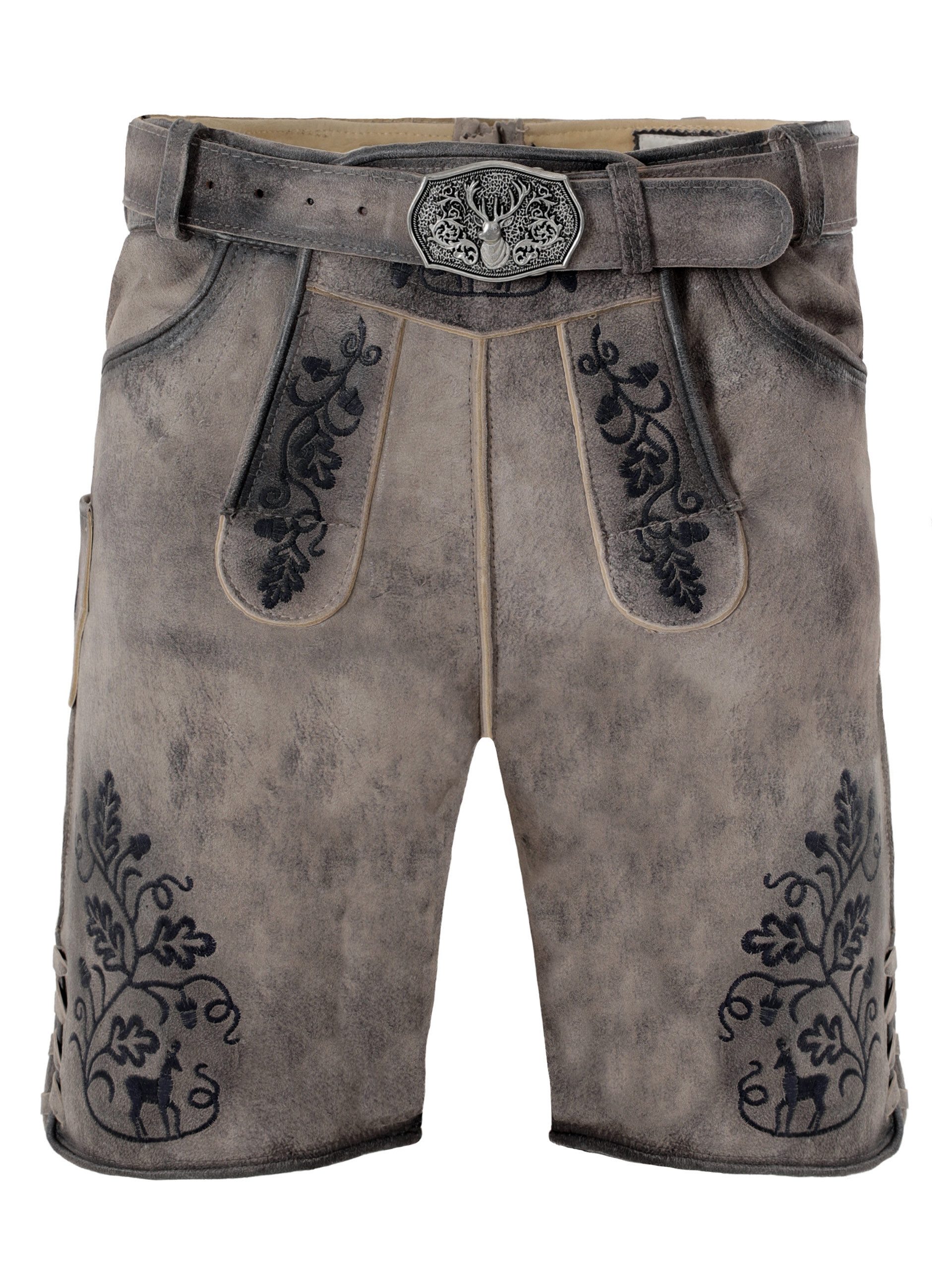 Trachtenlederhose Lederhose kurz Thaddäus granit (2-tlg) inkl. Gürtel günstig online kaufen