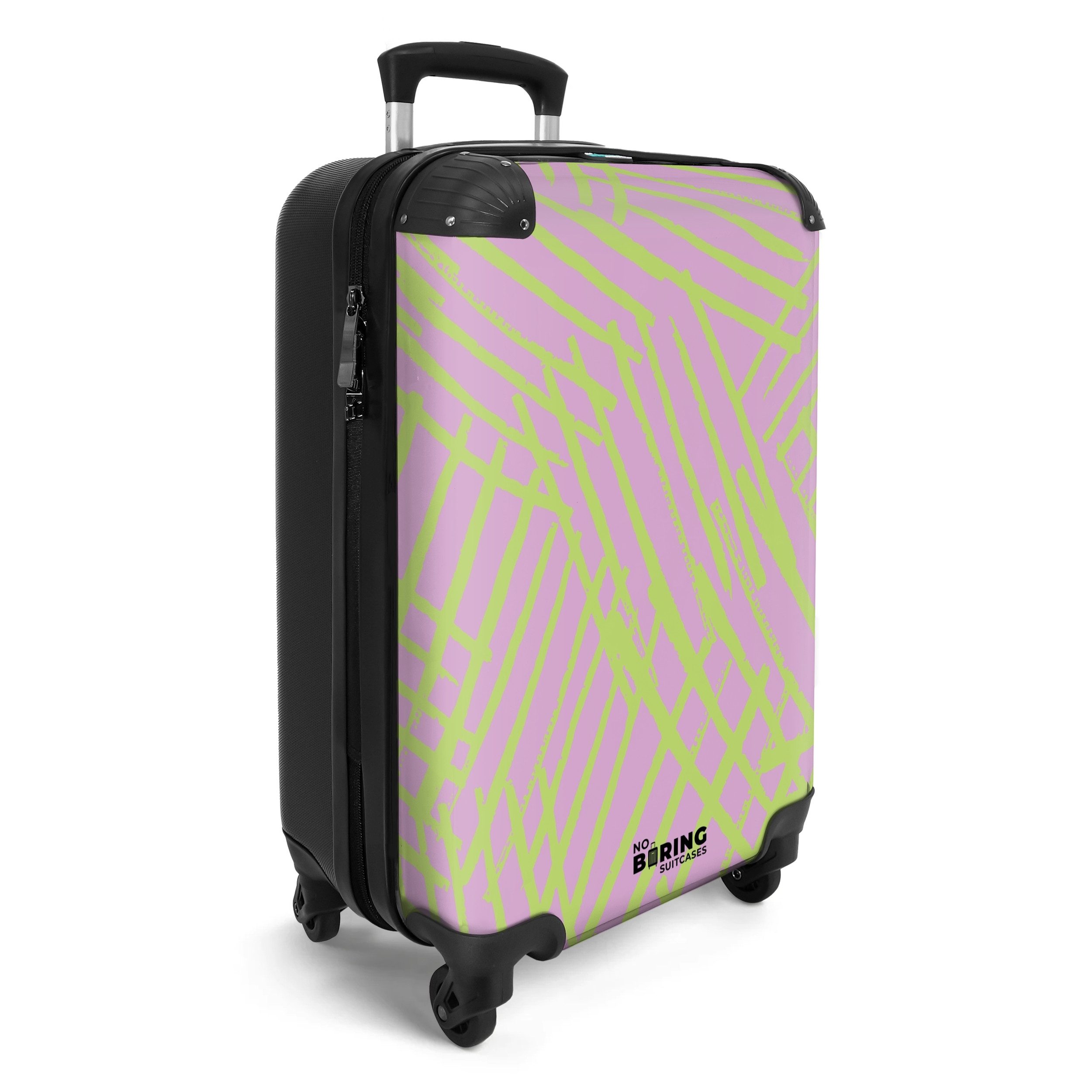 NoBoringSuitcases.com© Hartschalen-Trolley Lila mit grünen Linien günstig online kaufen